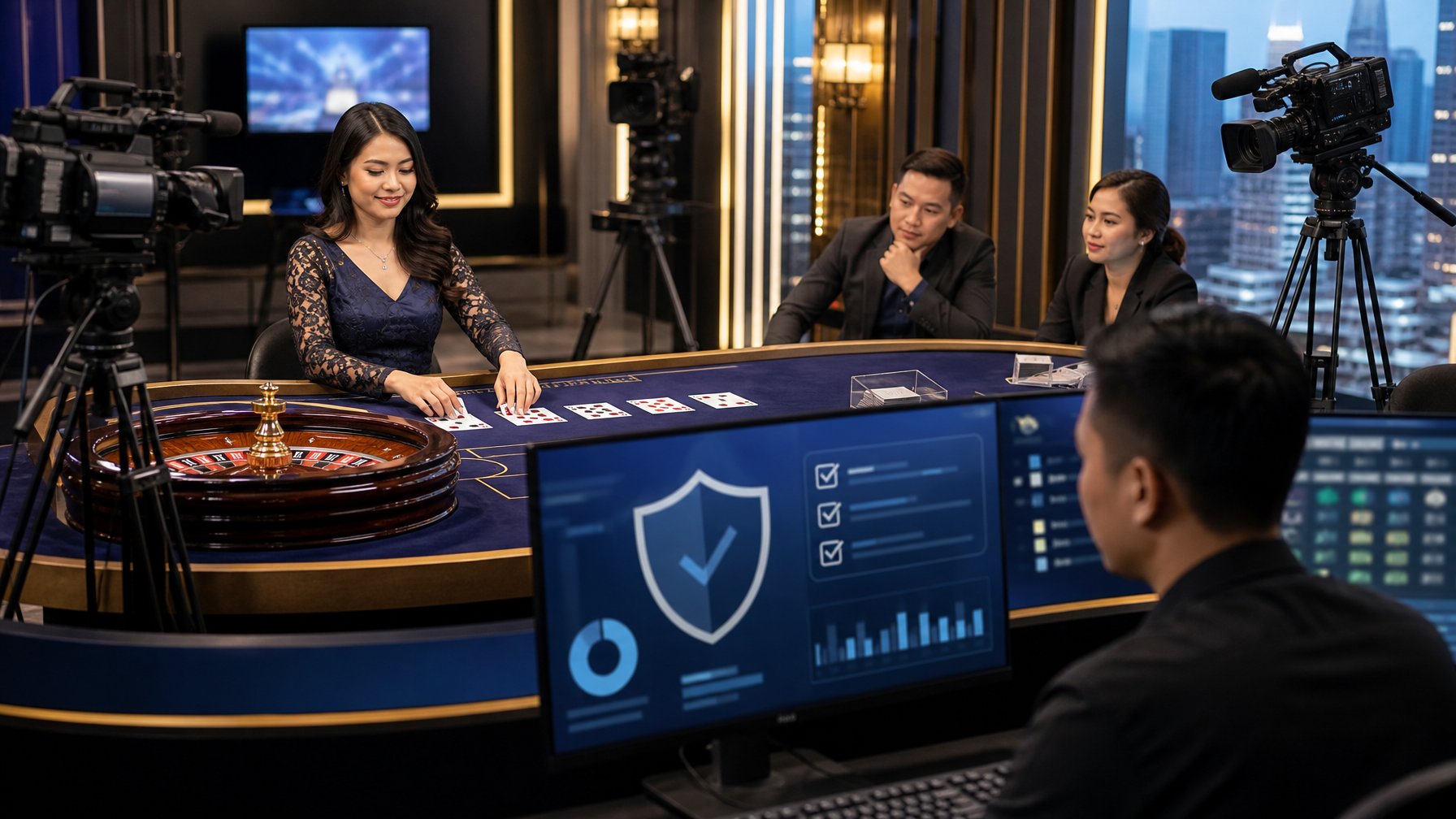 Dealer profesional berada di studio kasino live dengan meja permainan dan monitor keamanan.