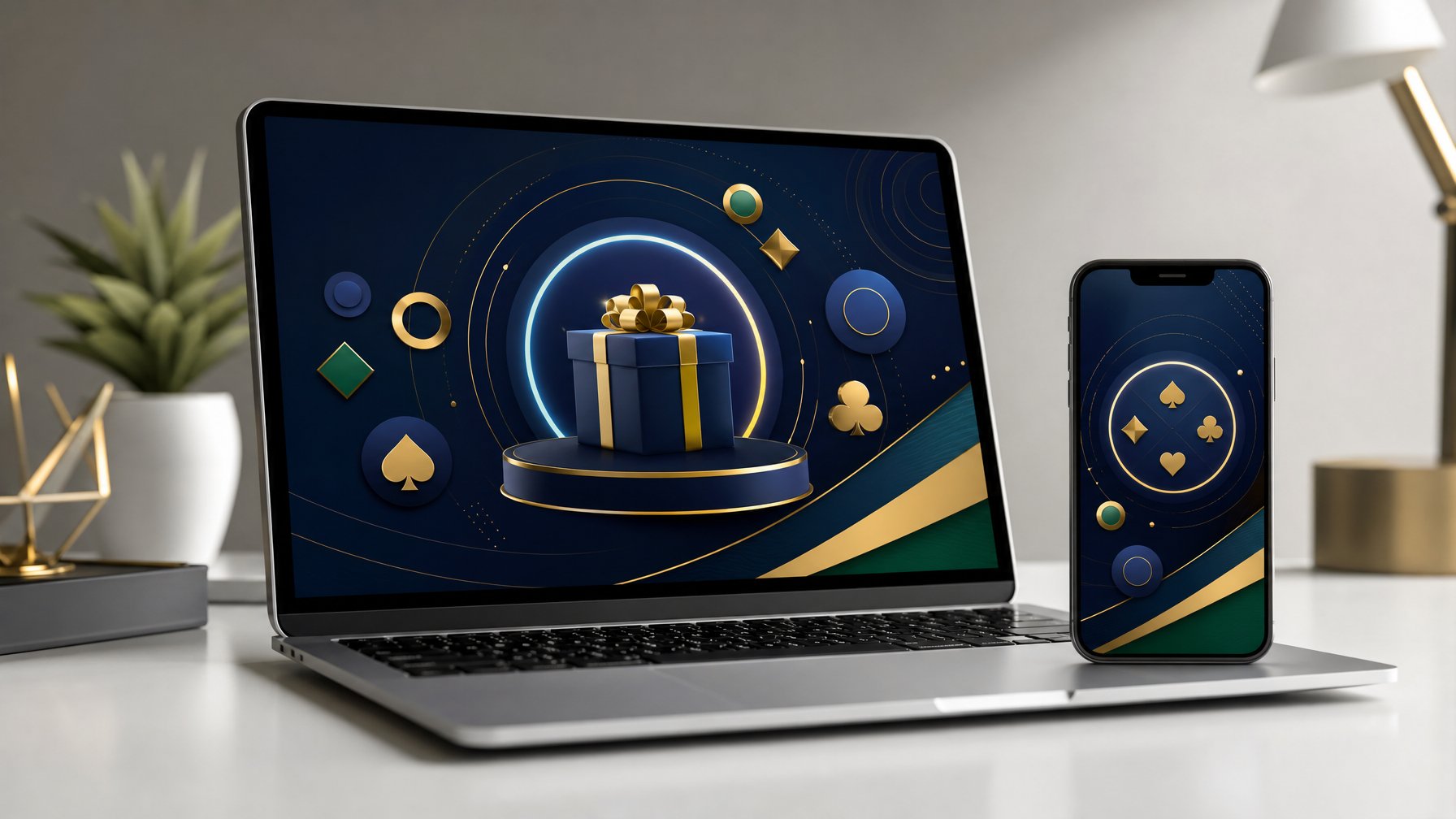 Ponsel dan laptop menampilkan antarmuka hiburan digital abstrak di atas meja modern dengan kotak hadiah dekoratif.