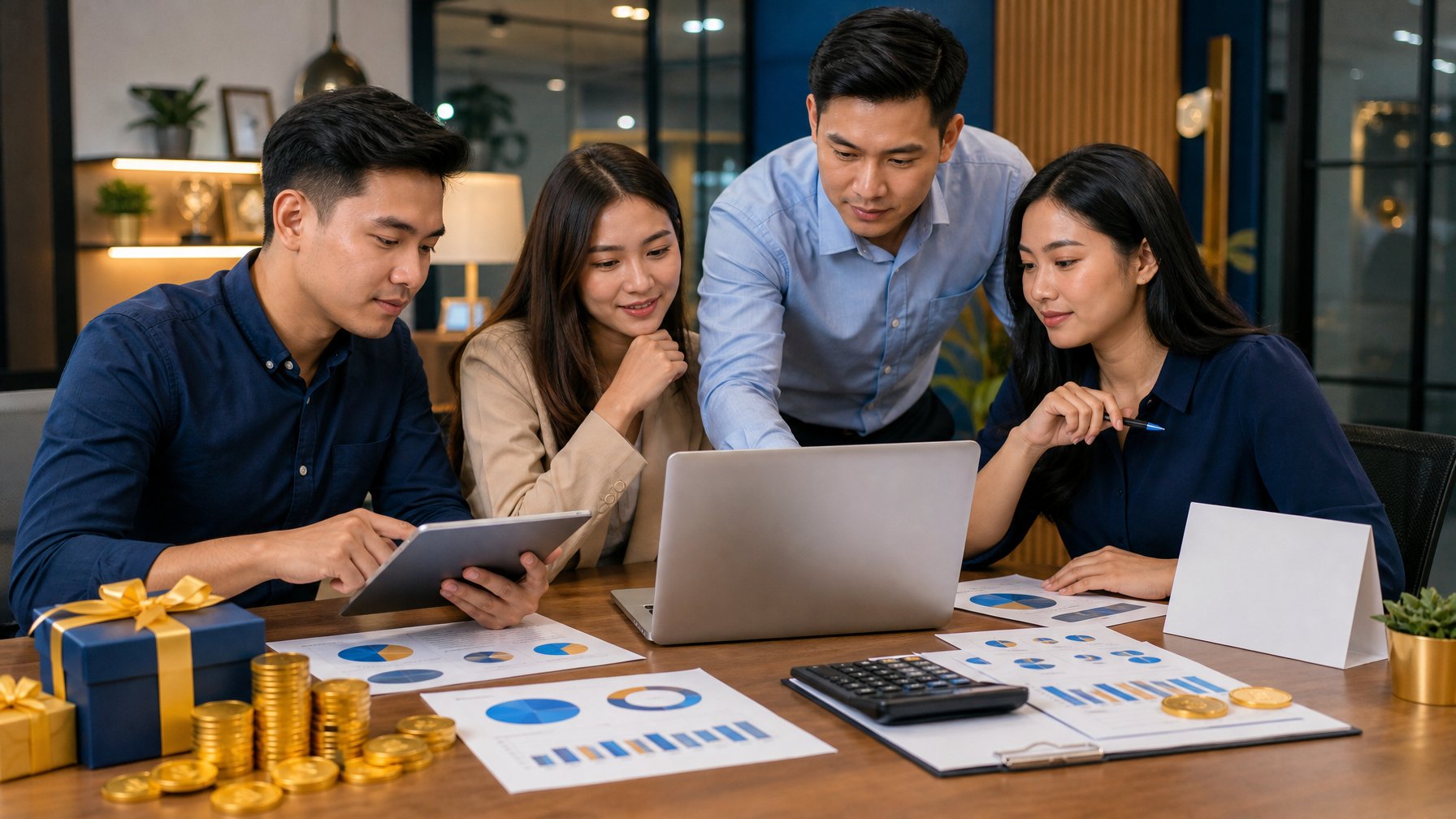 Tim profesional meninjau promosi bonus dan perhitungan keuangan di ruang kerja modern.