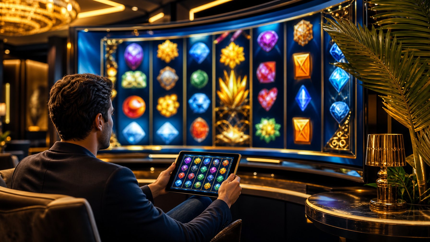 Seorang pemain dewasa menggunakan tablet di lounge permainan modern dengan tampilan mesin slot digital bercahaya.