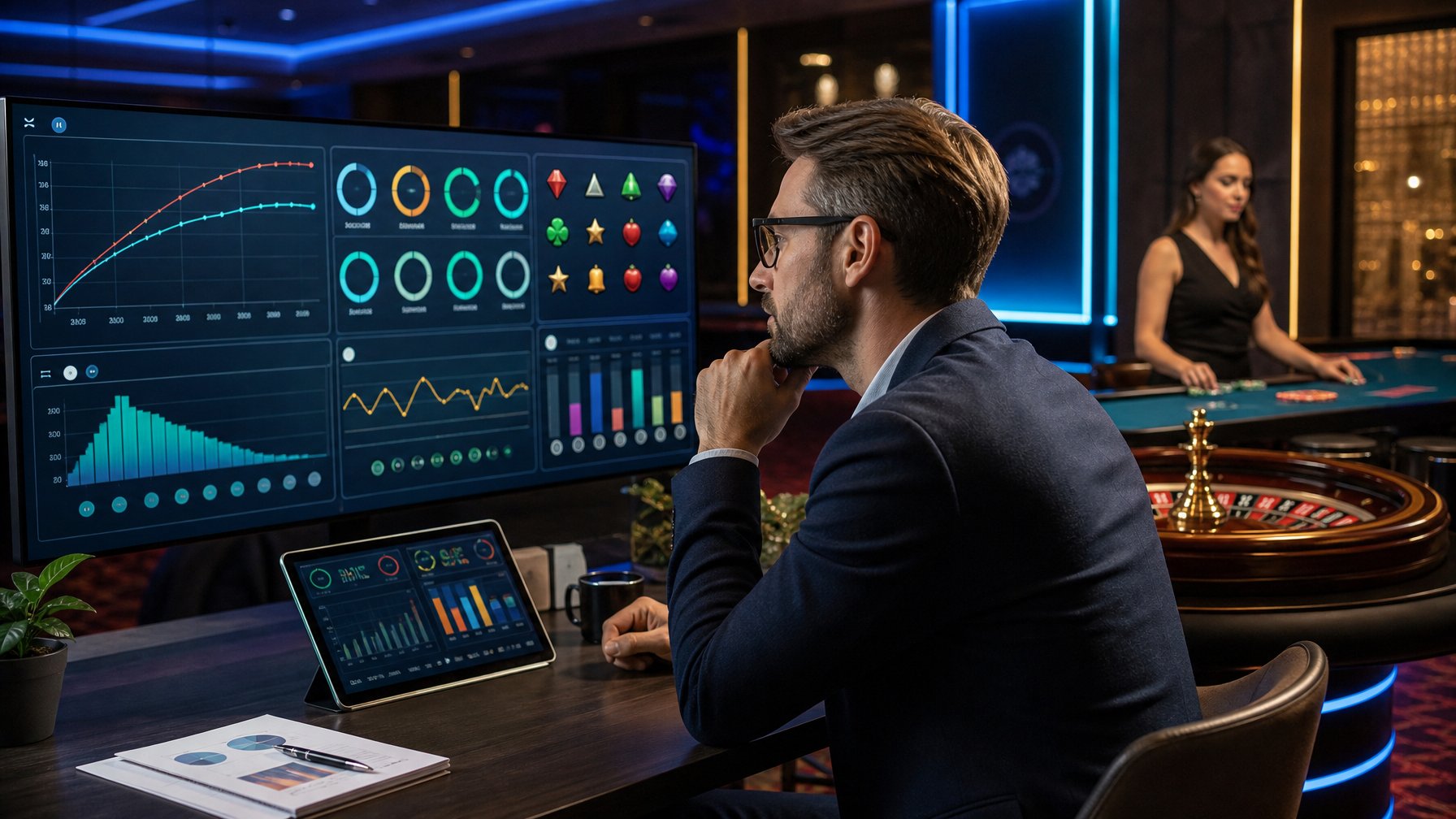 Seorang analis memeriksa grafik probabilitas di ruang kerja kasino modern dengan meja permainan live di latar belakang.