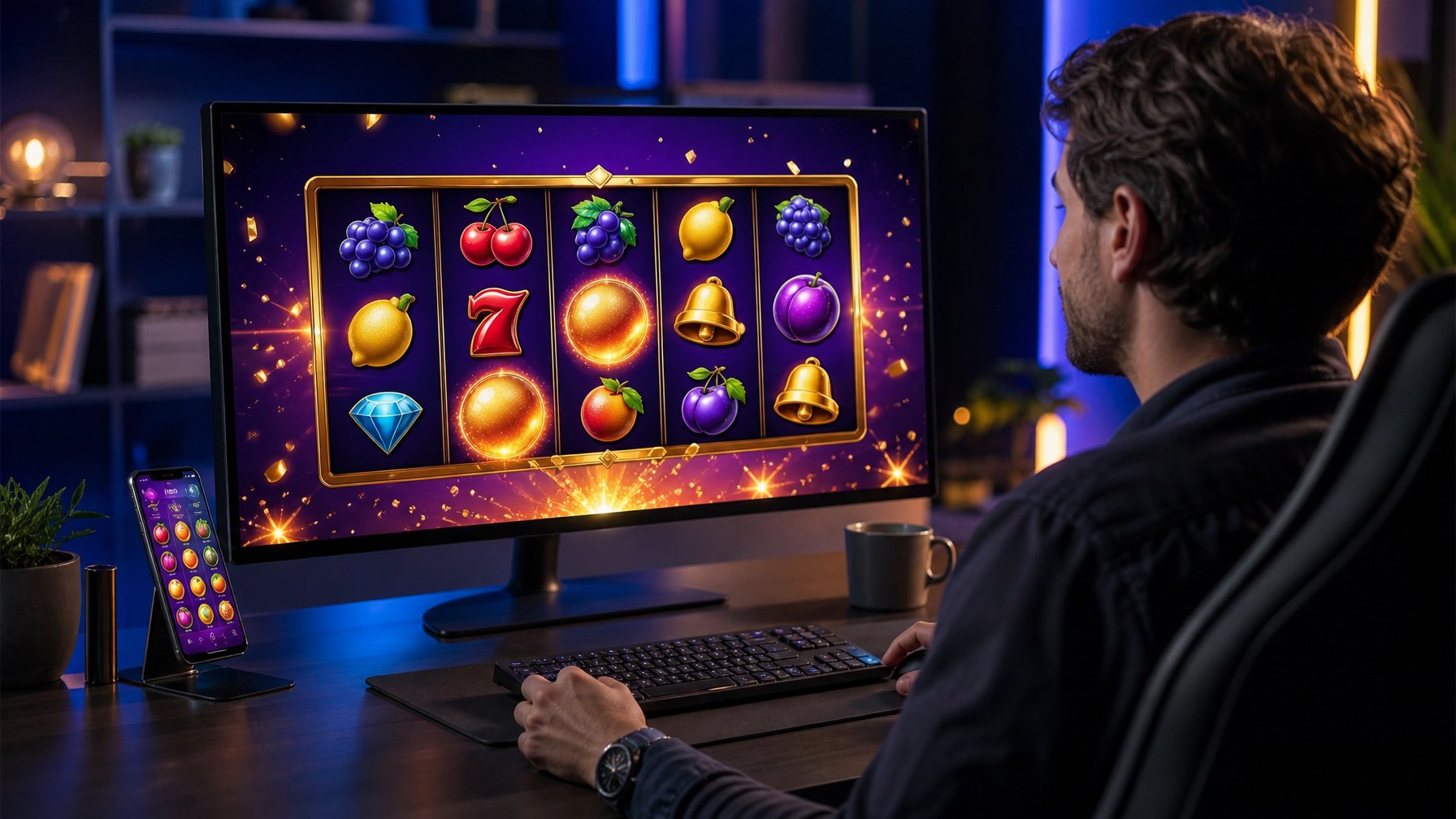Seseorang memainkan permainan slot digital di depan monitor dan ponsel dalam ruang dengan pencahayaan biru dan ungu.