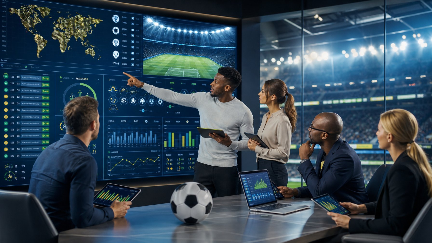 Analis olahraga dan penggemar sepak bola meninjau data pertandingan di studio modern dengan latar stadion.