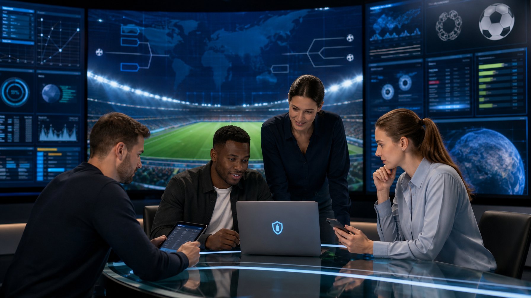 Analis olahraga meninjau statistik pertandingan sepak bola di studio modern dengan layar stadion dan peta dunia.