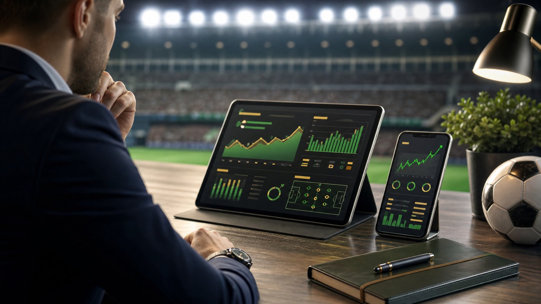 Seorang analis memeriksa data pertandingan sepak bola pada perangkat digital di meja kerja modern dengan suasana stadion di latar belakang.