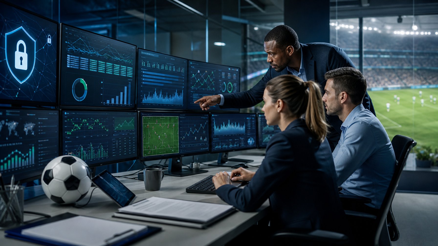 Tim profesional menganalisis data pertandingan sepak bola pada ruang kerja digital yang aman.
