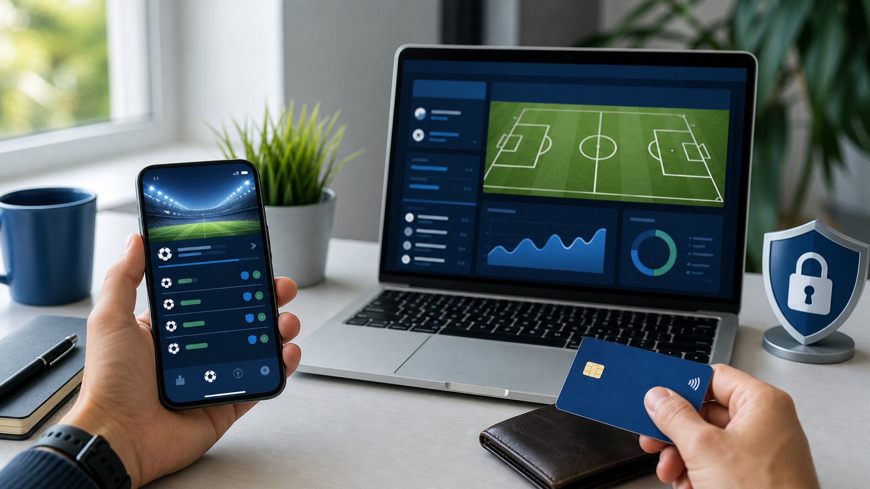 Meja modern dengan ponsel dan laptop menampilkan antarmuka pertandingan sepak bola serta elemen pembayaran digital.