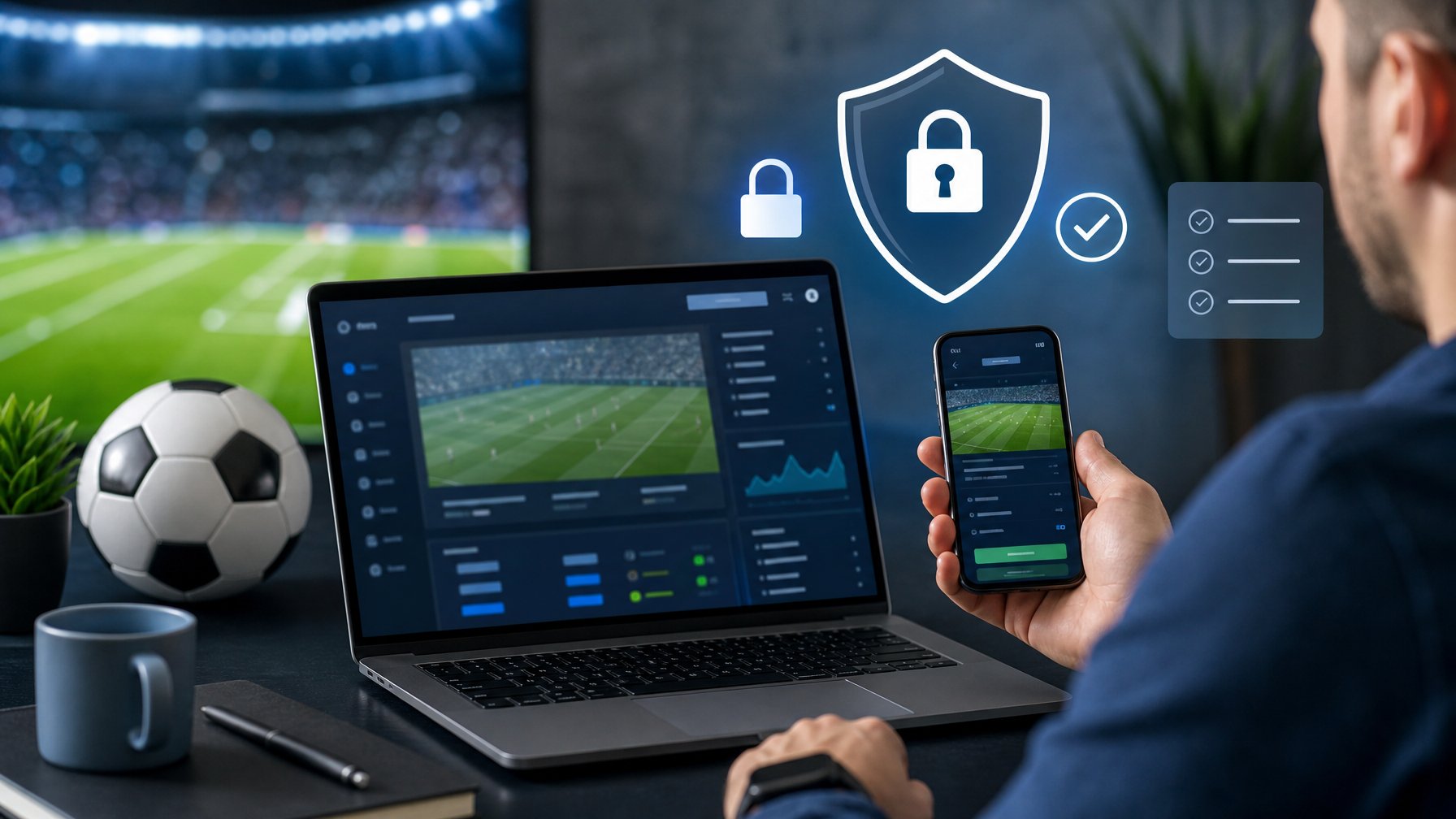 Pengguna meninjau keamanan platform olahraga digital di ponsel dan laptop dengan simbol perisai serta gembok.