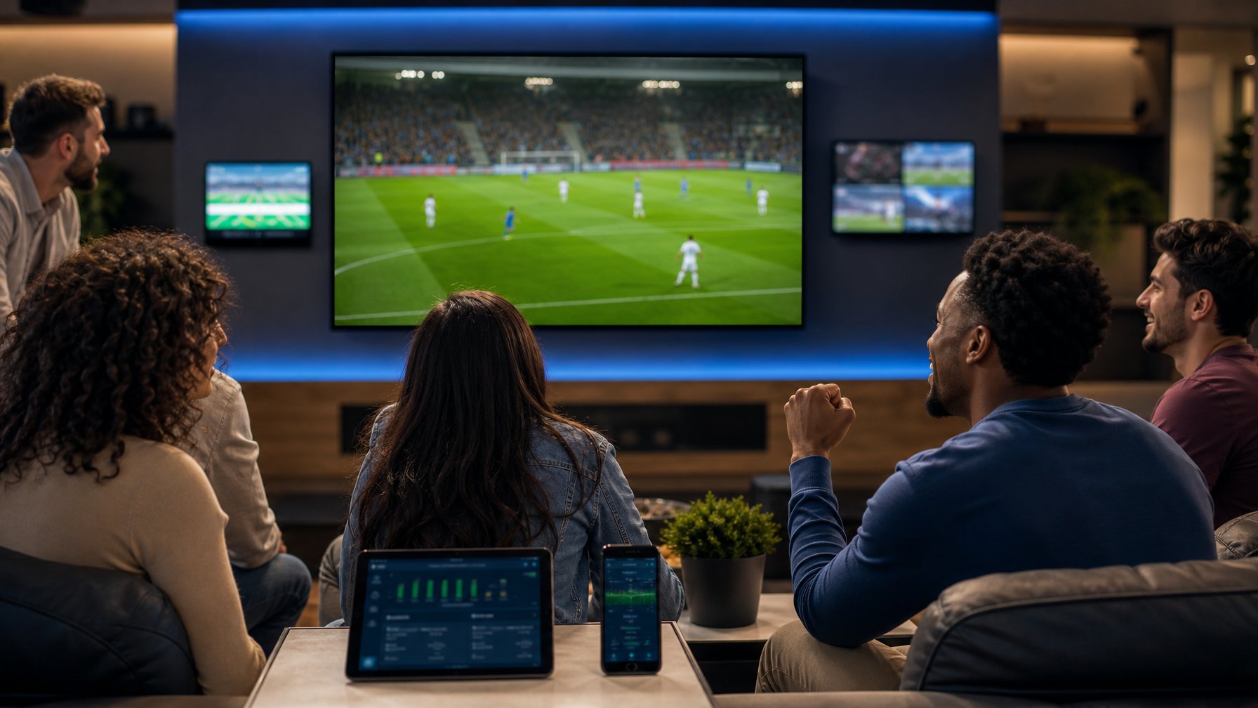 Sekelompok penggemar olahraga menonton pertandingan sepak bola secara langsung di ruang modern dengan perangkat digital.