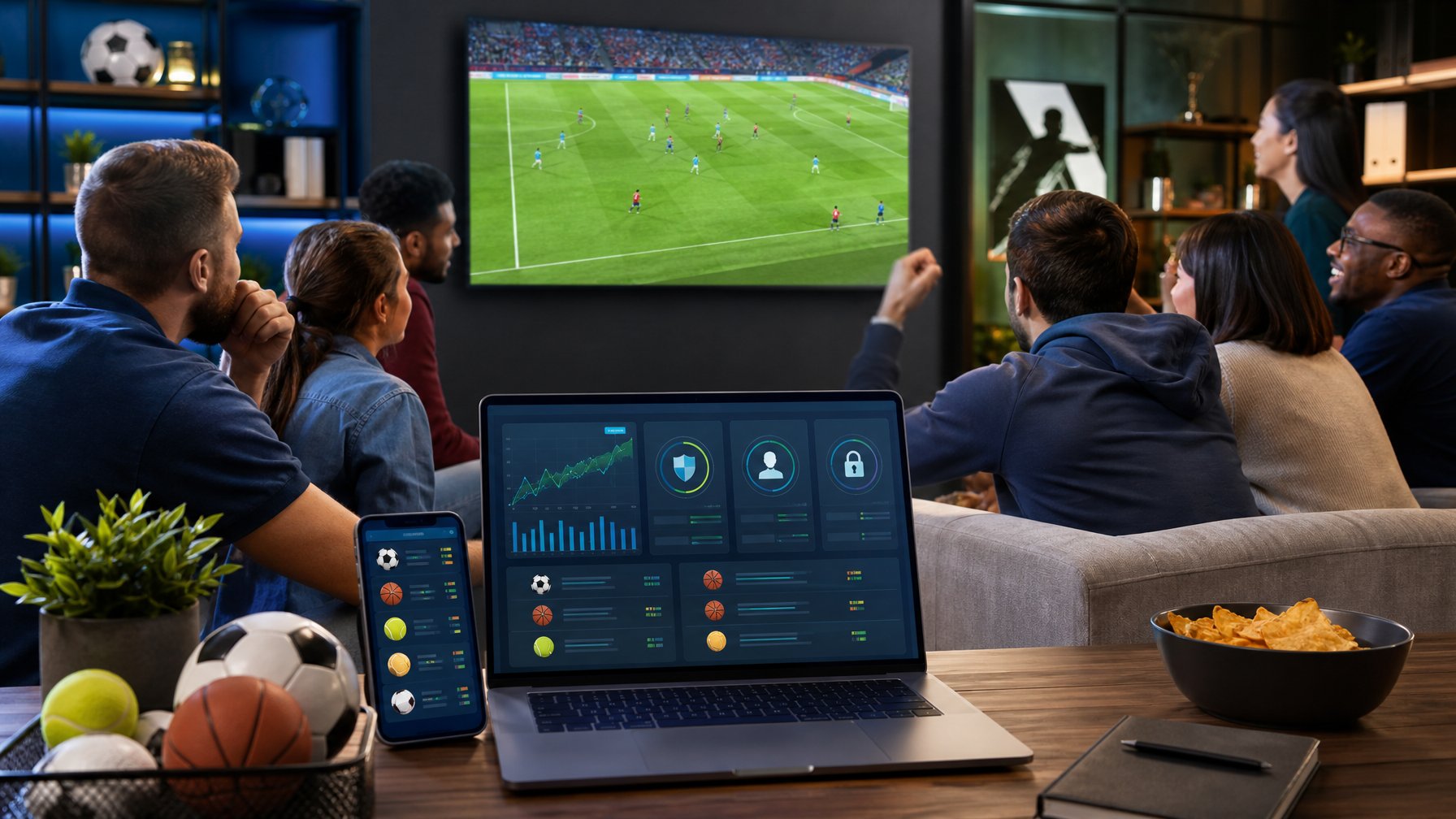 Sekelompok penggemar olahraga menyaksikan pertandingan sepak bola langsung di layar besar dengan perangkat digital di meja.