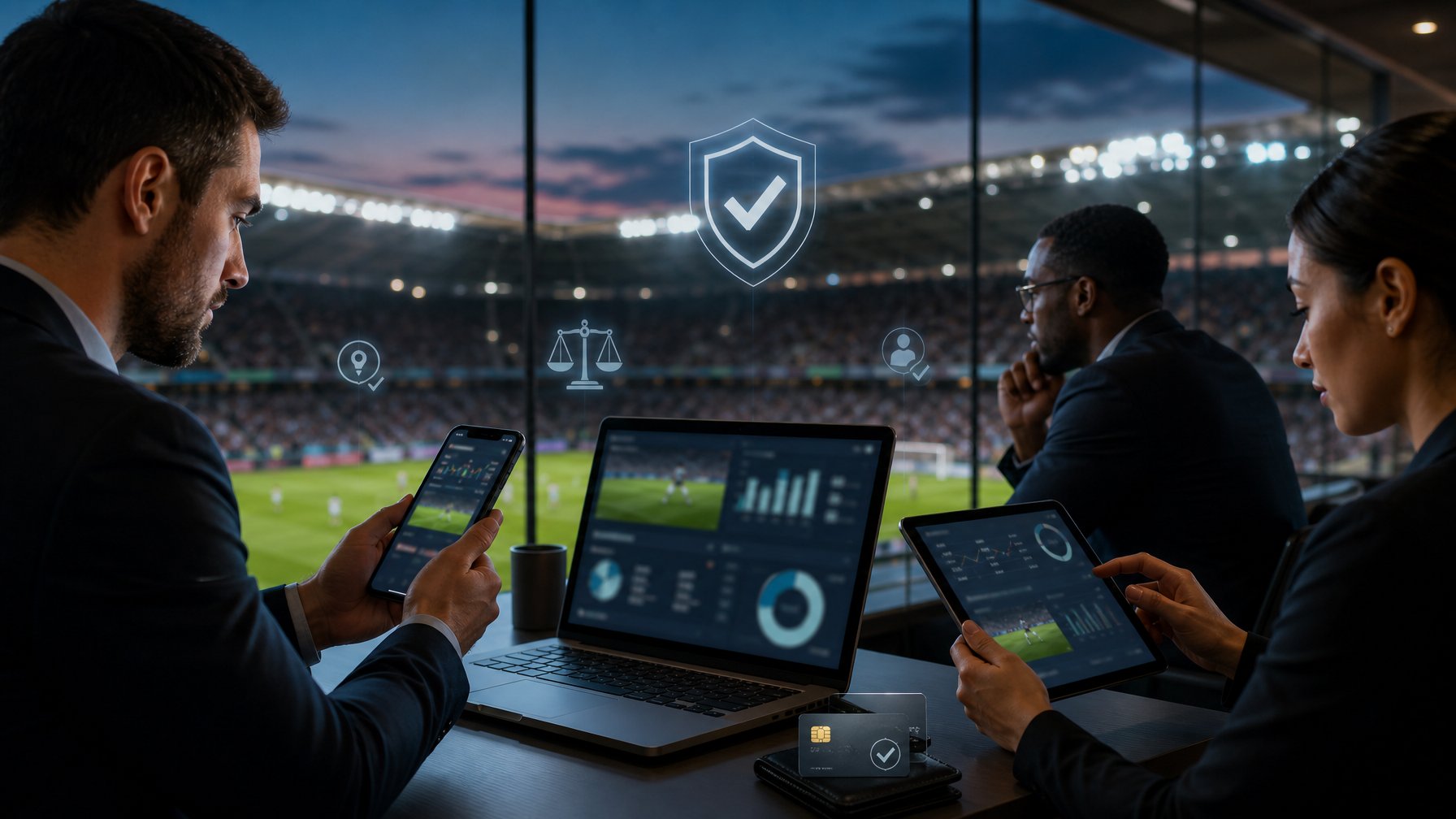 Pengguna dewasa menganalisis pertandingan sepak bola melalui perangkat digital di lingkungan modern yang aman.