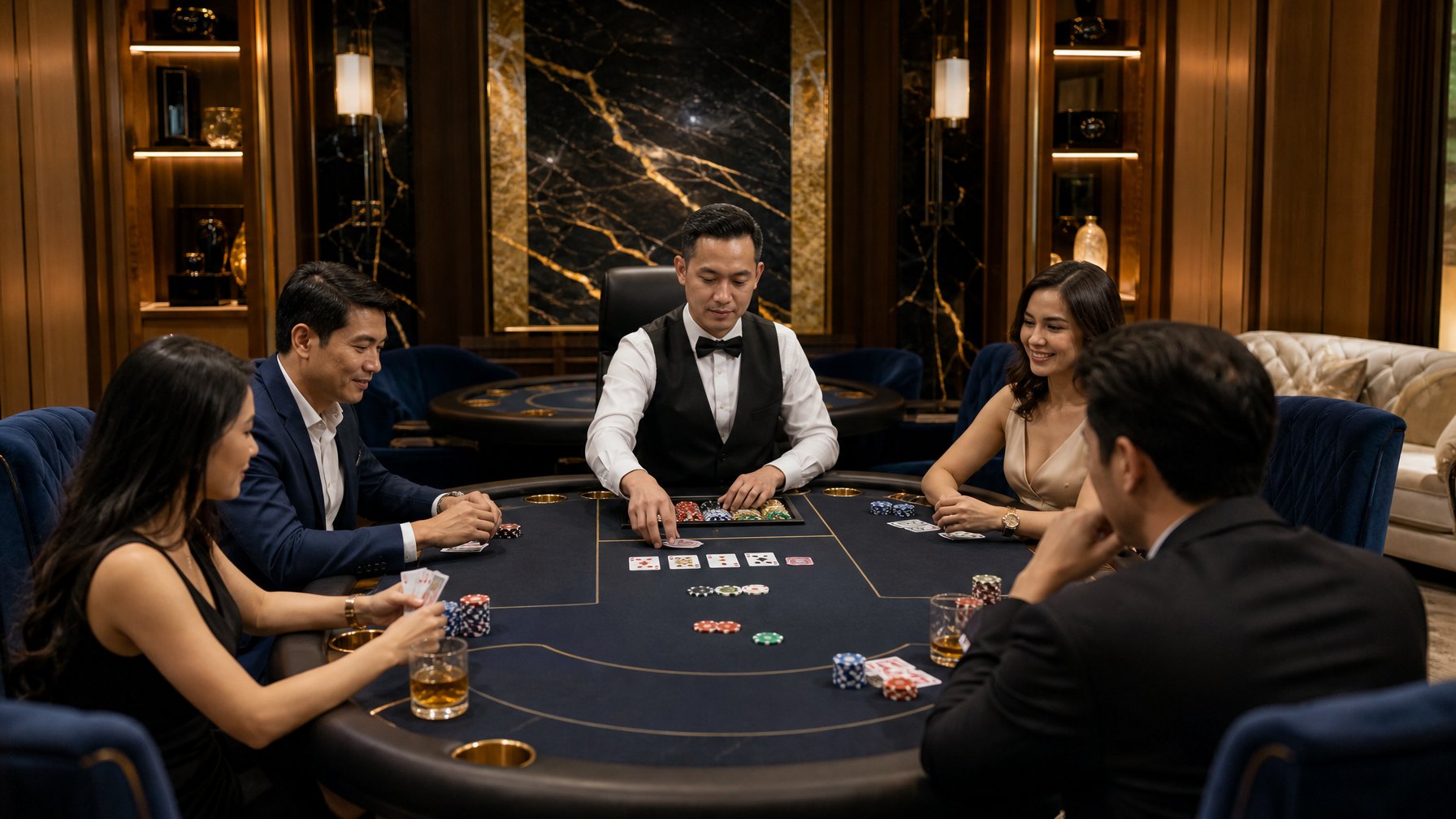 Ruangan VIP eksklusif dengan meja permainan kartu, dealer, dan beberapa pemain dewasa.