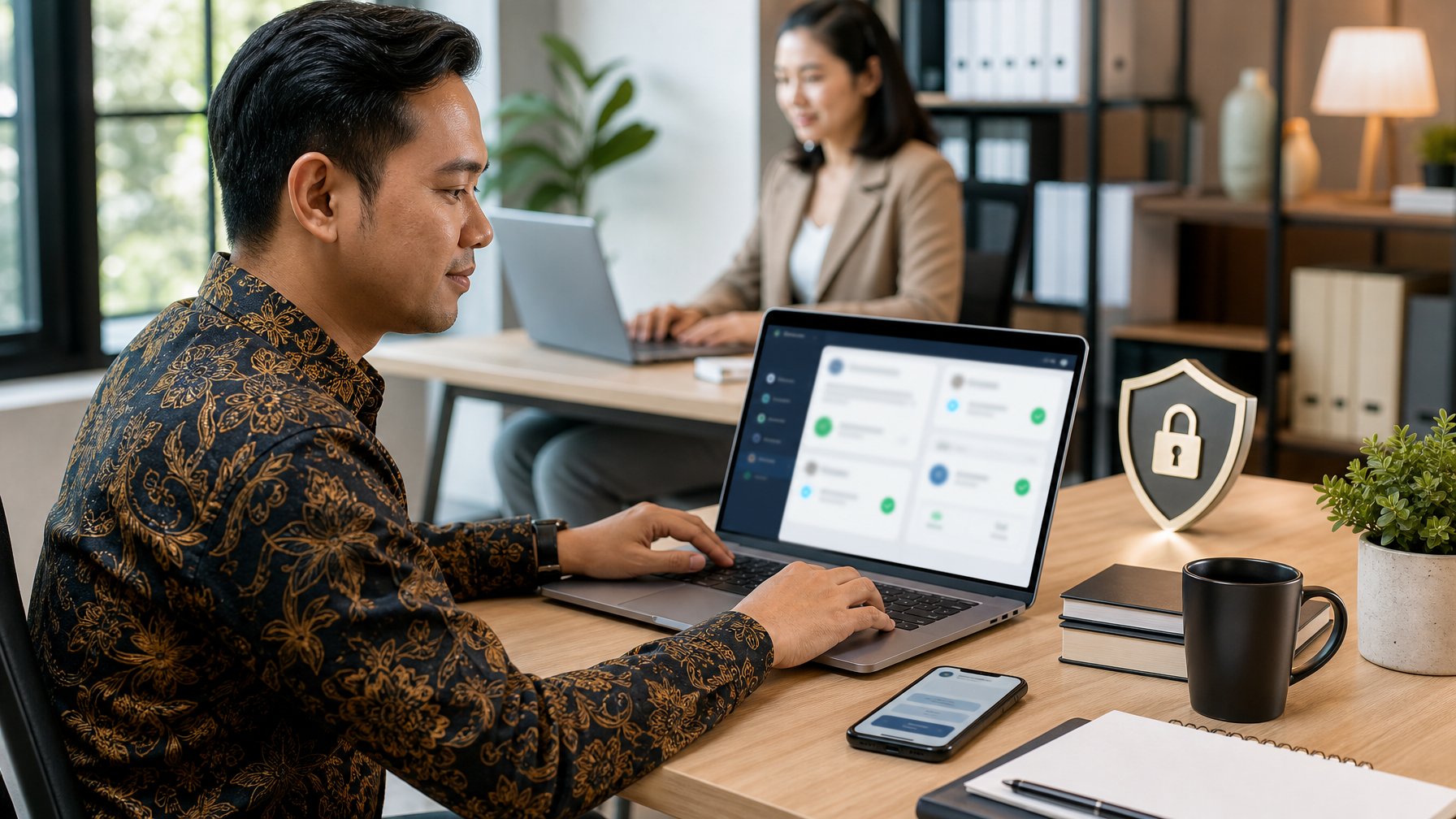 Profesional menggunakan laptop di ruang kerja modern dengan simbol keamanan dan privasi.