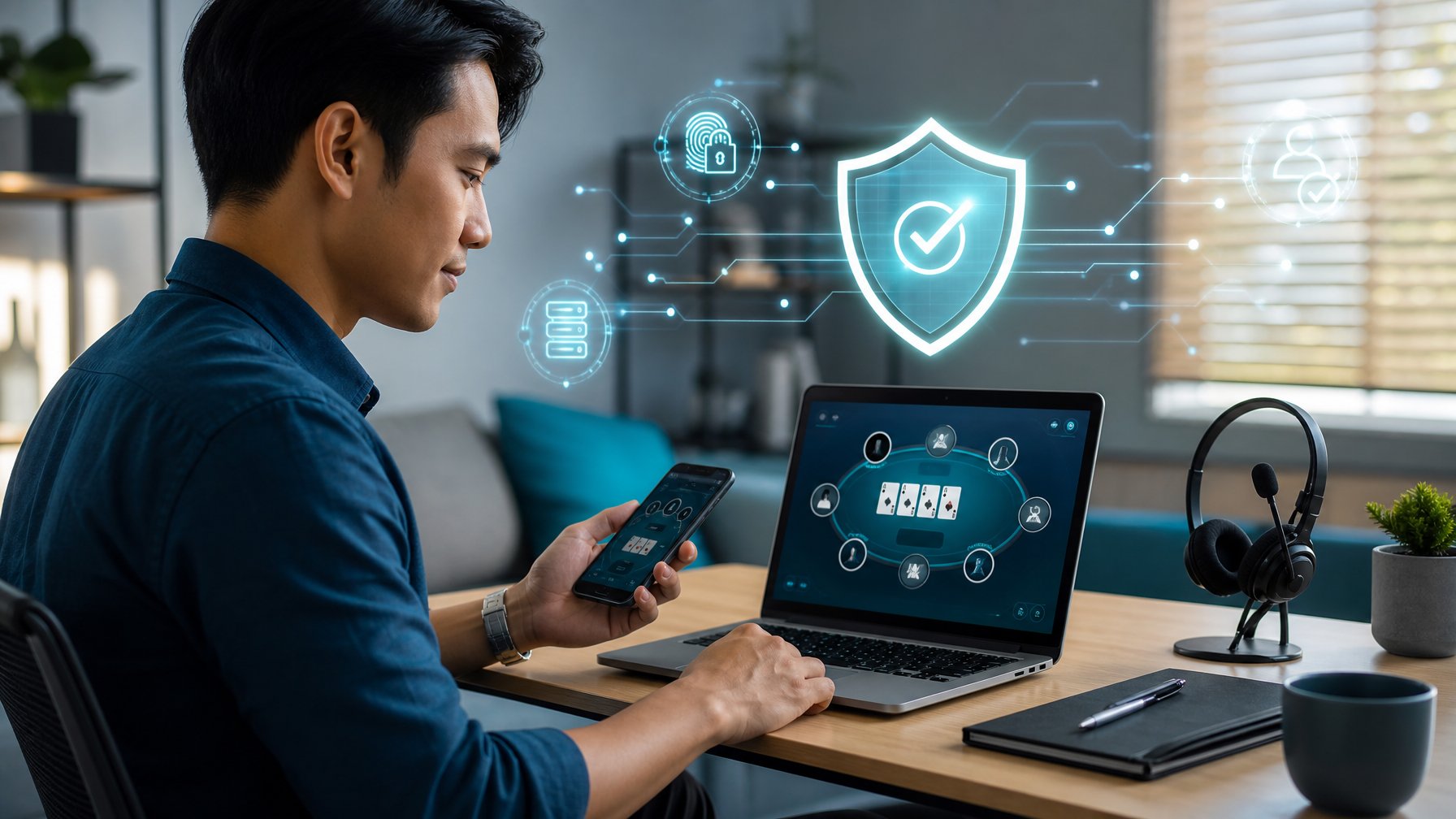 Pengguna memeriksa platform permainan digital aman di laptop dan ponsel dengan simbol perisai serta kunci.