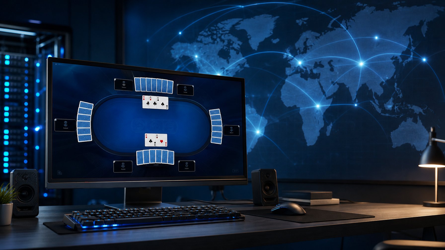 Komputer menampilkan ruang permainan digital privat dengan koneksi jaringan global yang lancar.