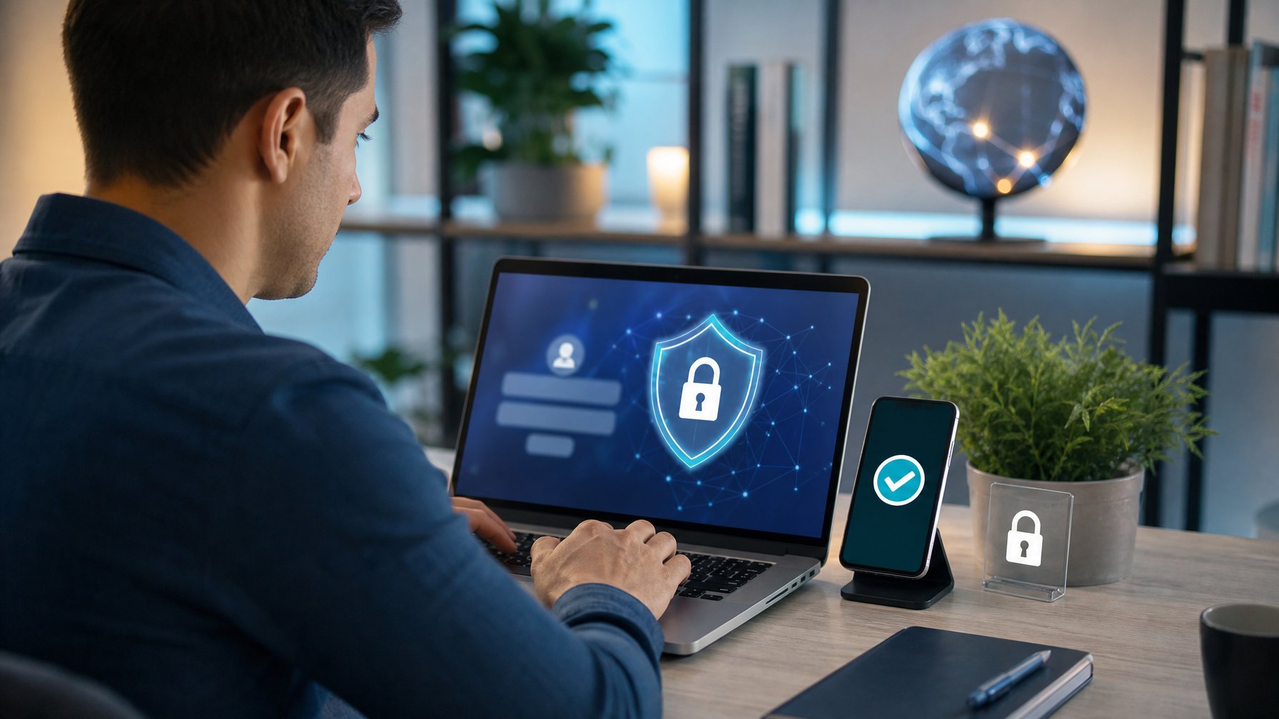 Seseorang memeriksa akses aman di laptop dengan simbol perisai dan verifikasi.