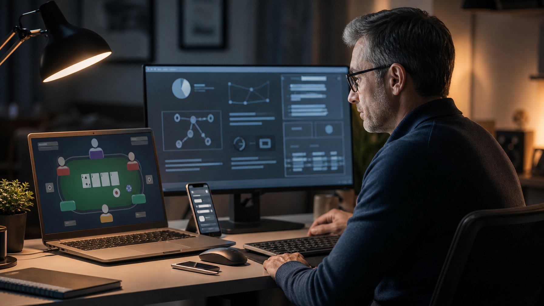 Pemain dewasa mempersiapkan permainan kartu online di ruang kerja modern dengan laptop dan monitor.