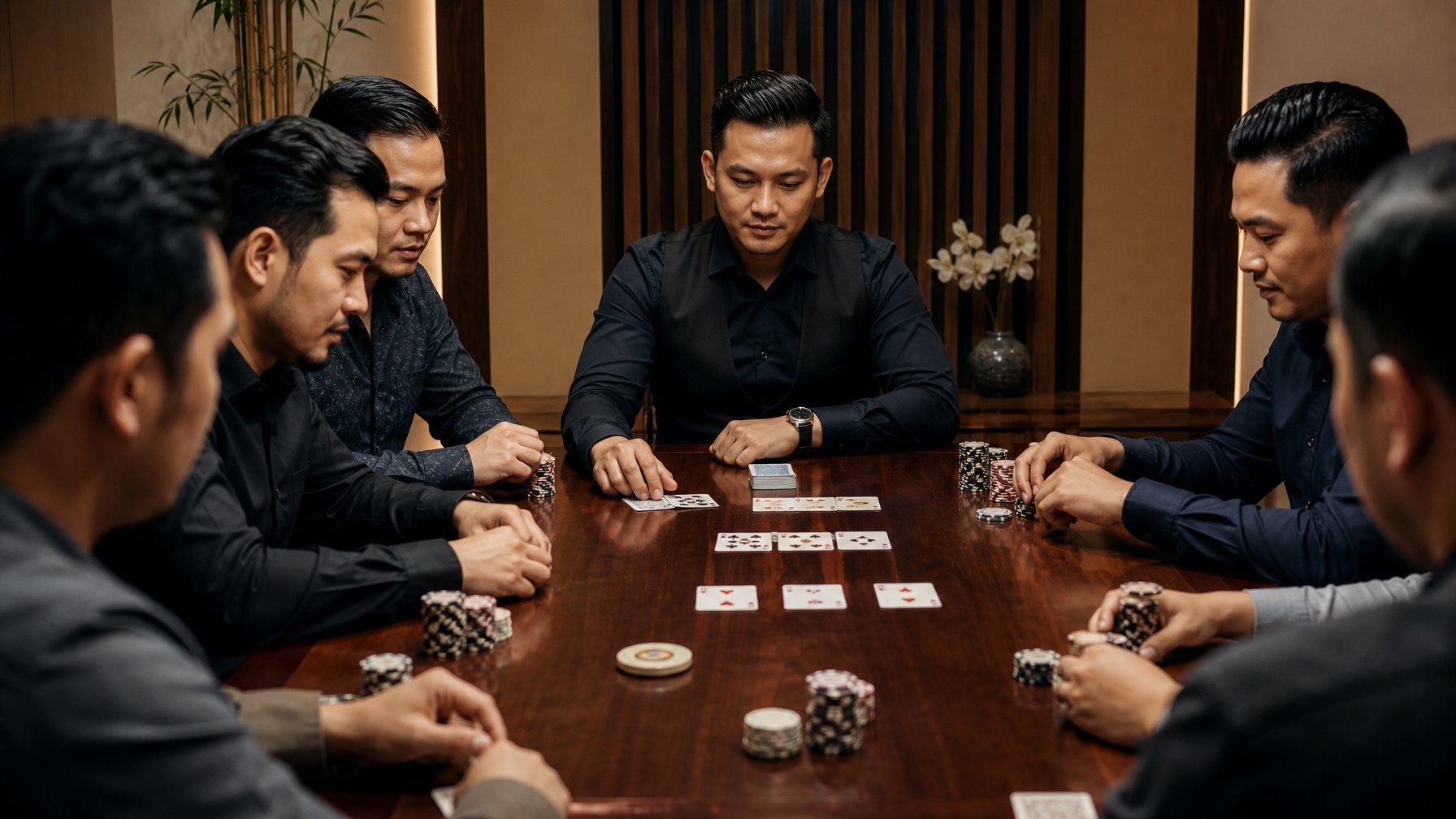 Suasana ruang privat dengan seorang bandar dan beberapa pemain dewasa yang fokus di sekitar meja kartu.