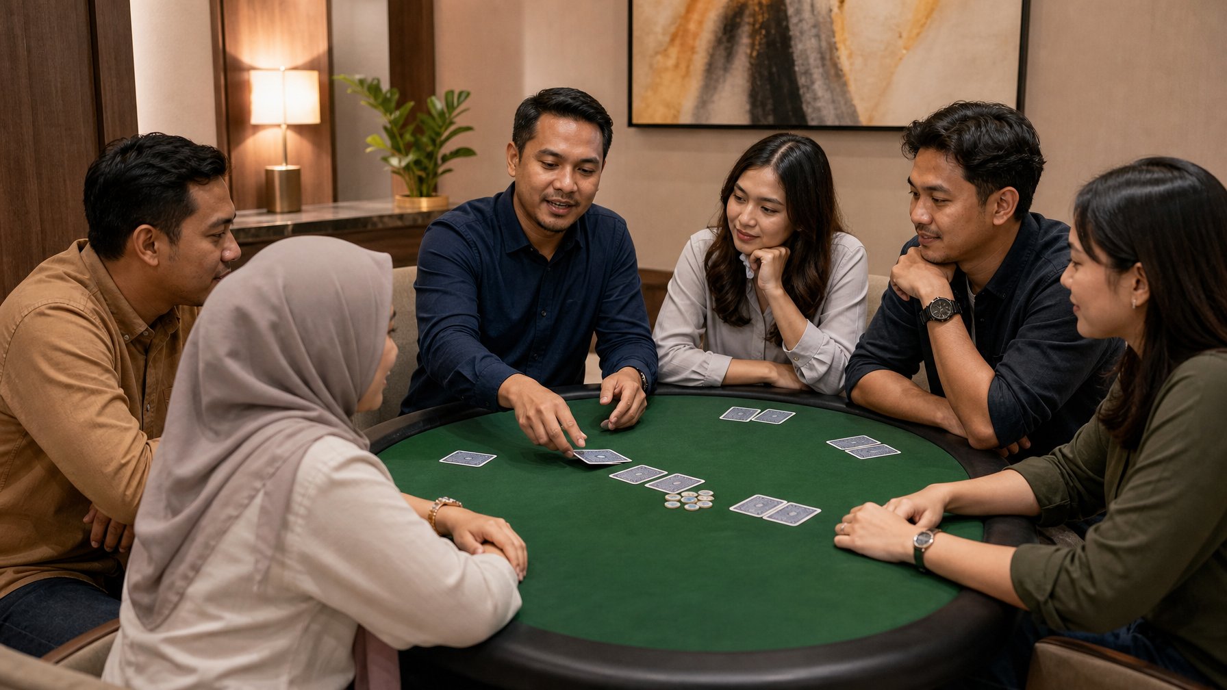 Sekelompok orang dewasa belajar bermain kartu di ruang privat dengan seorang pemandu di dekat meja.