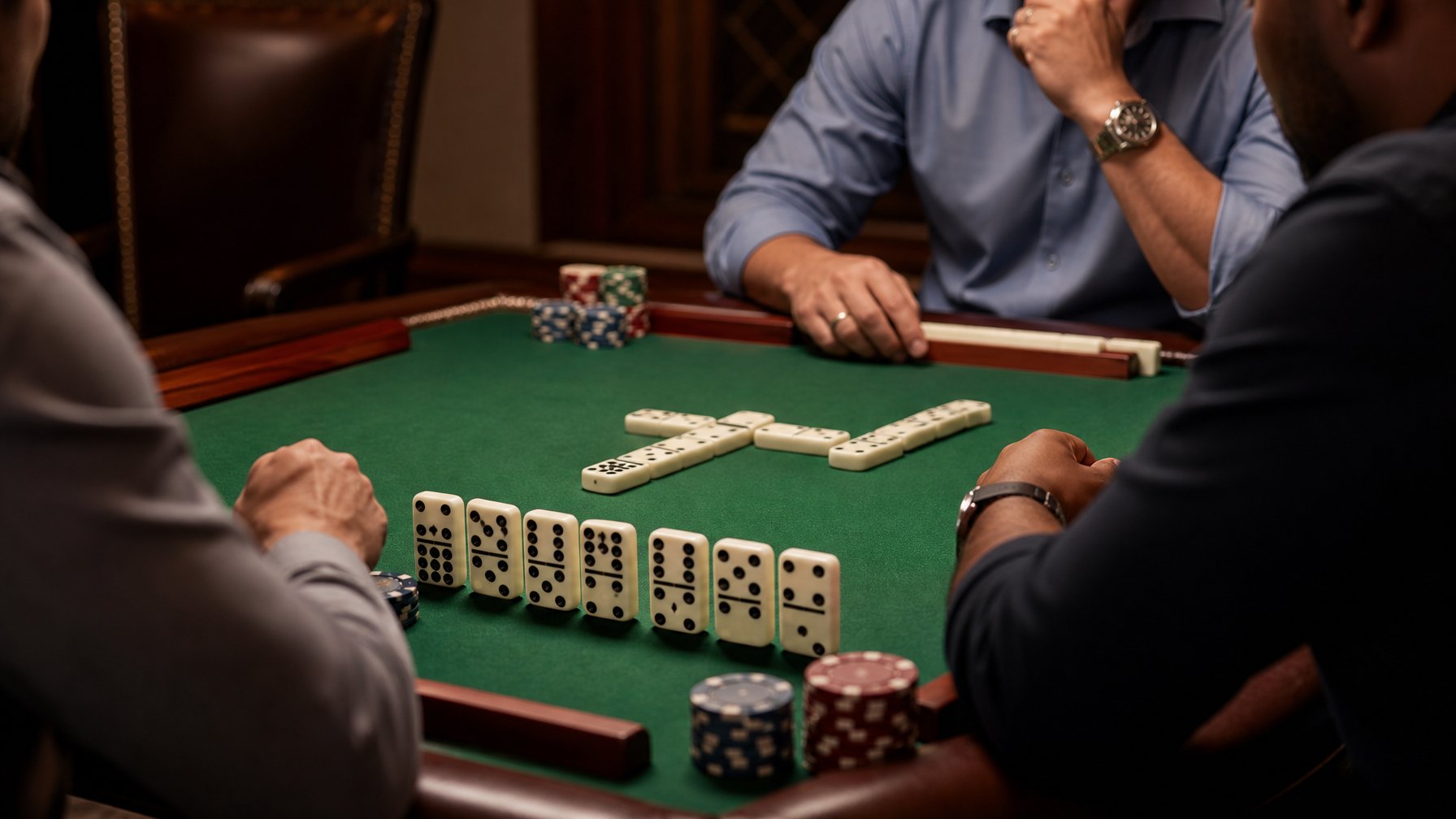 Pemain mengamati susunan kartu domino di meja permainan dalam ruang privat.