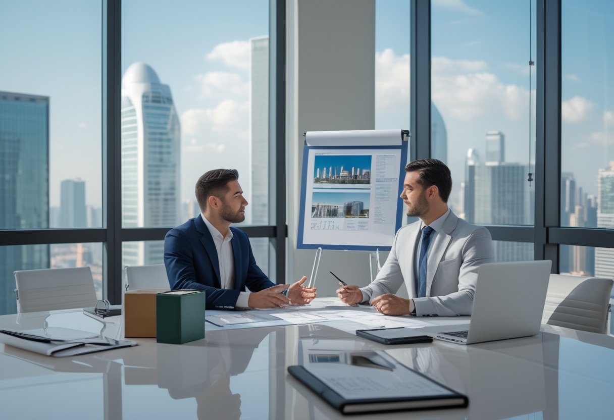 A real estate agent and an HR director discuss employee relocation plans in a modern office.