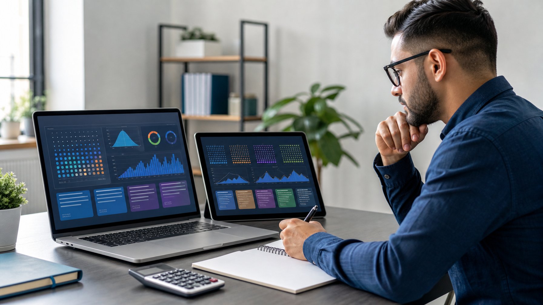 Seorang analis dewasa meninjau grafik abstrak pada laptop dan tablet di ruang kerja modern.