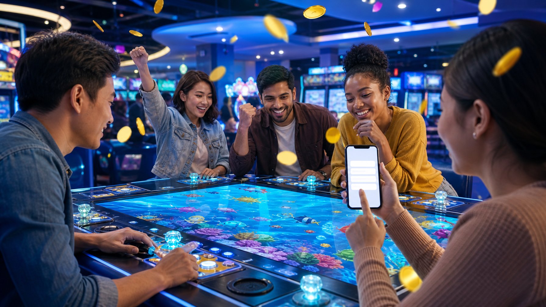 Orang dewasa bermain permainan tembak ikan di mesin arcade dengan suasana meriah.