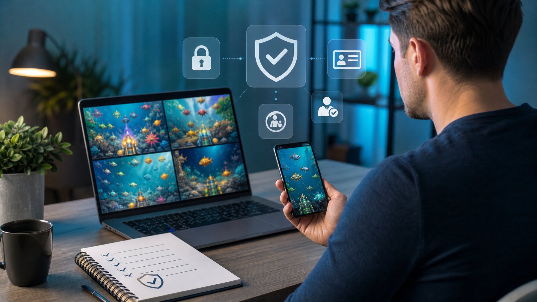 Seseorang membandingkan platform permainan ikan 2D dengan simbol keamanan di meja kerja modern.