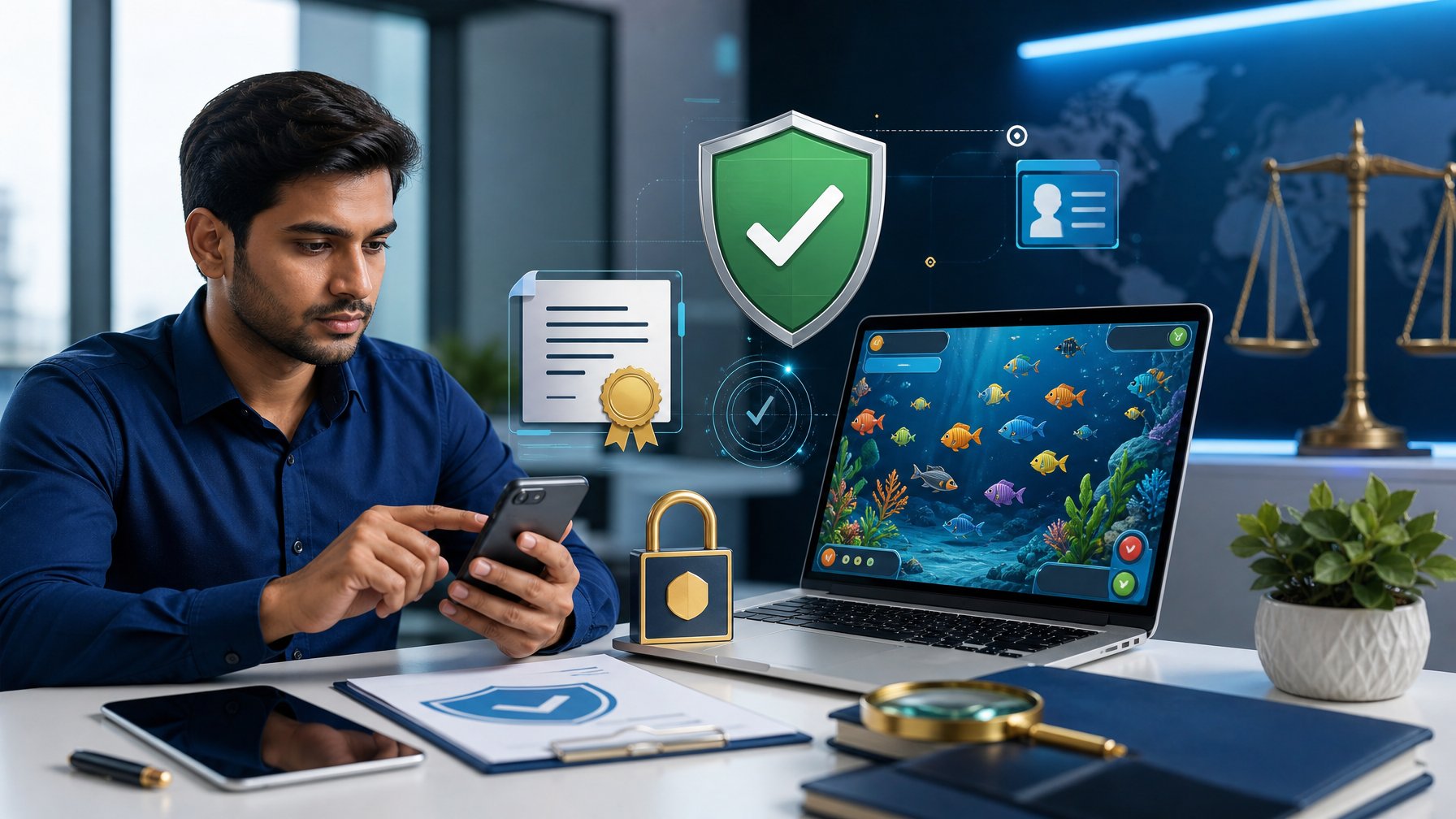 Orang dewasa memeriksa keamanan platform permainan ikan 2D di perangkat digital dengan simbol perisai, gembok, dan sertifikat.