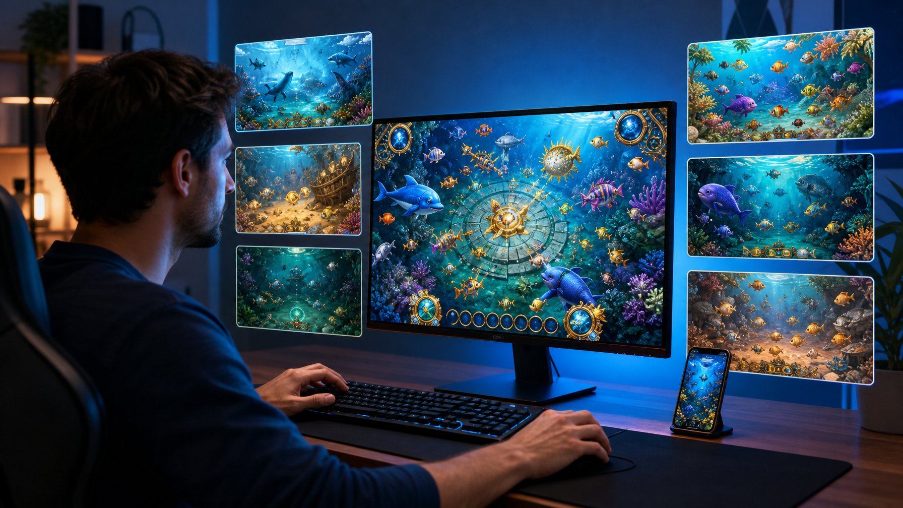 Seorang gamer melihat permainan tembak ikan 2D berwarna-warni di monitor dalam ruang bermain modern.