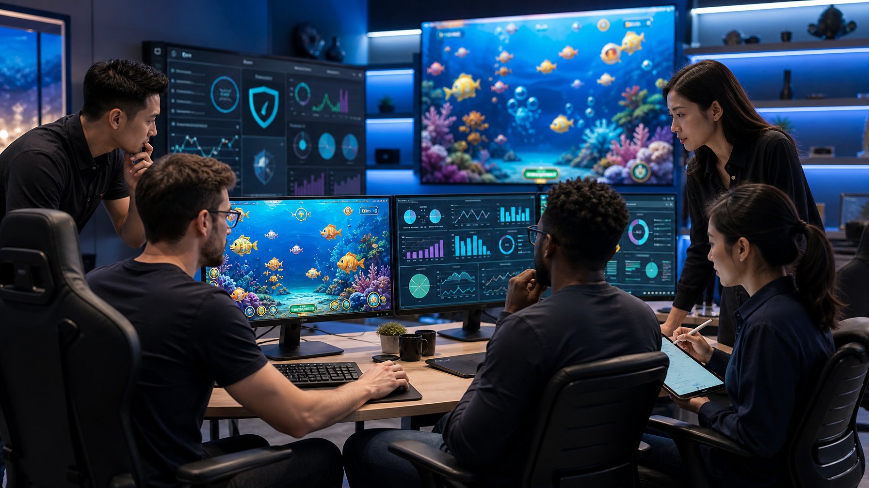 Sekelompok gamer dewasa membandingkan permainan tembak ikan 2D di beberapa monitor dalam ruang gaming modern.