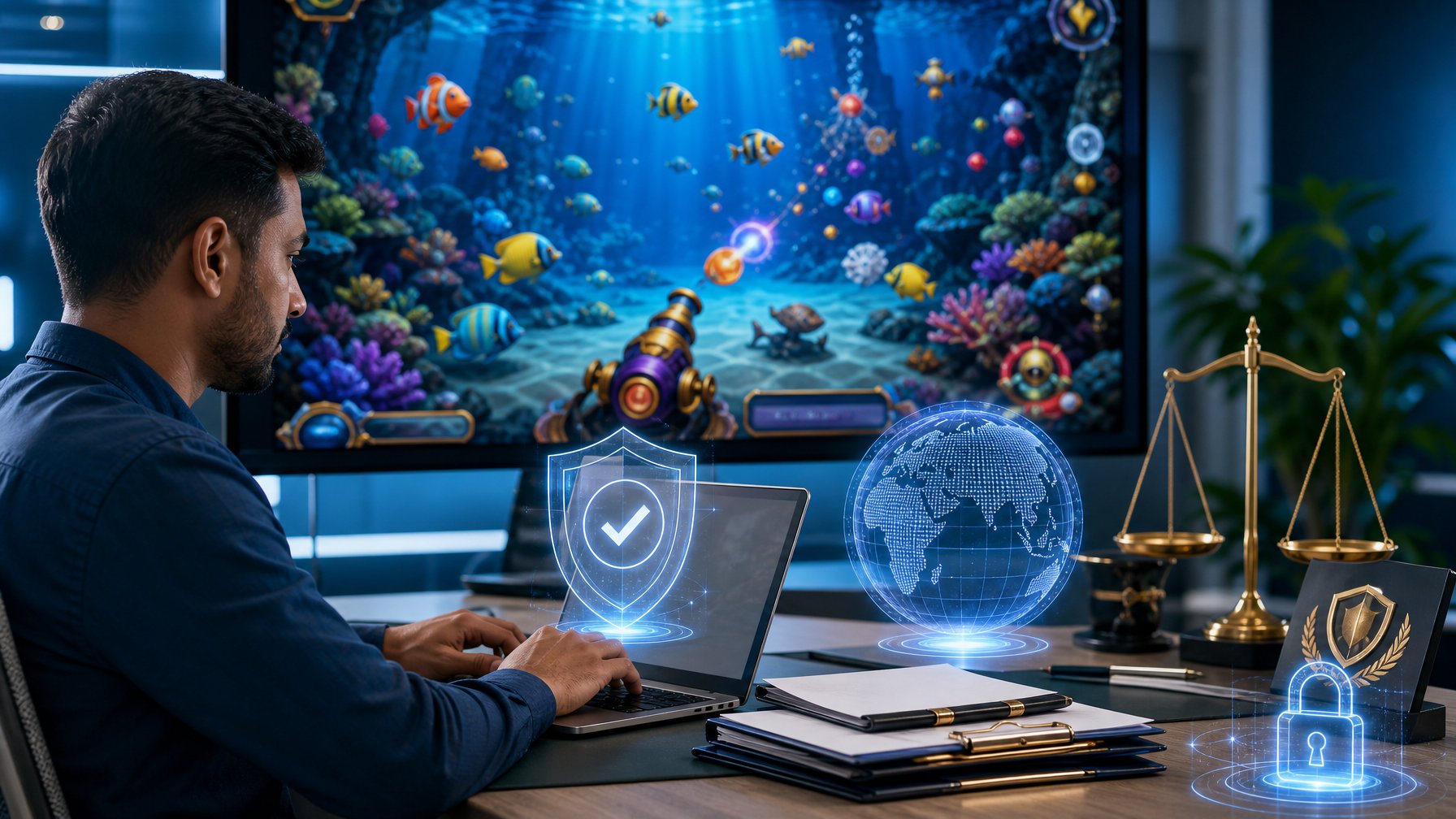 Pengguna meninjau permainan tembak ikan 2D pada laptop dengan simbol keamanan, lisensi, dan perlindungan digital.