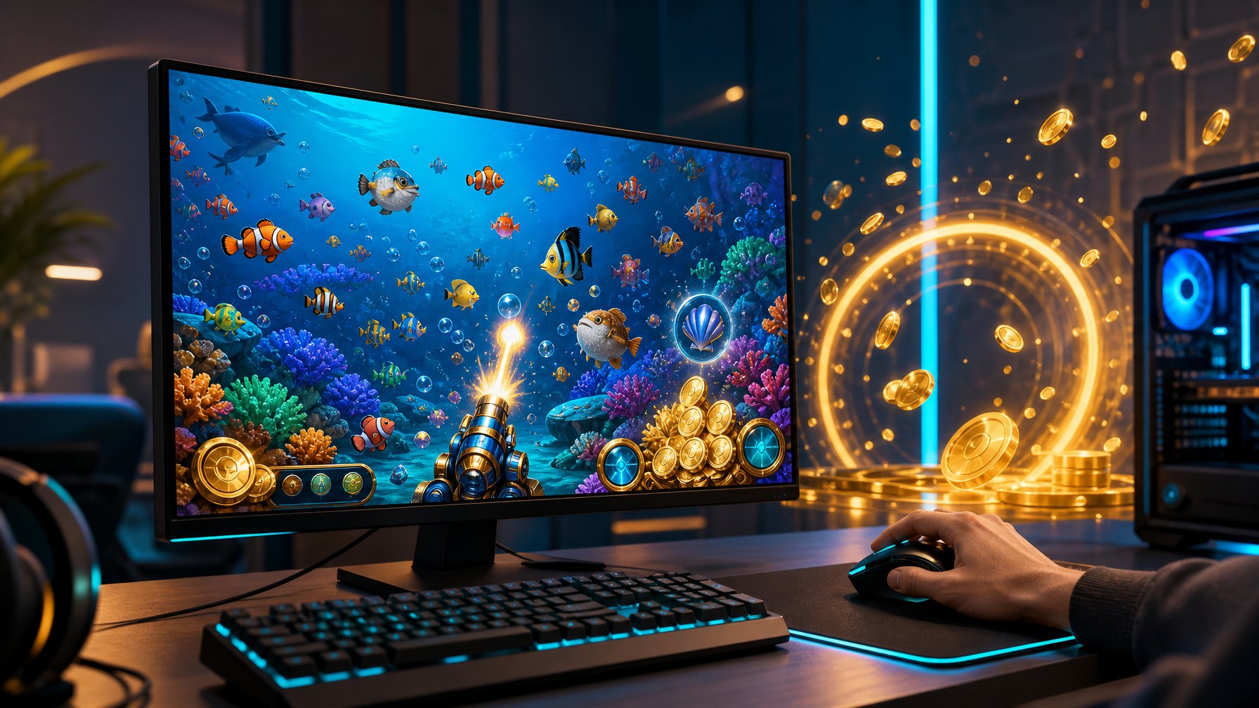Monitor menampilkan permainan menembak ikan 2D di bawah laut dengan tangan menggunakan tetikus di meja gaming.