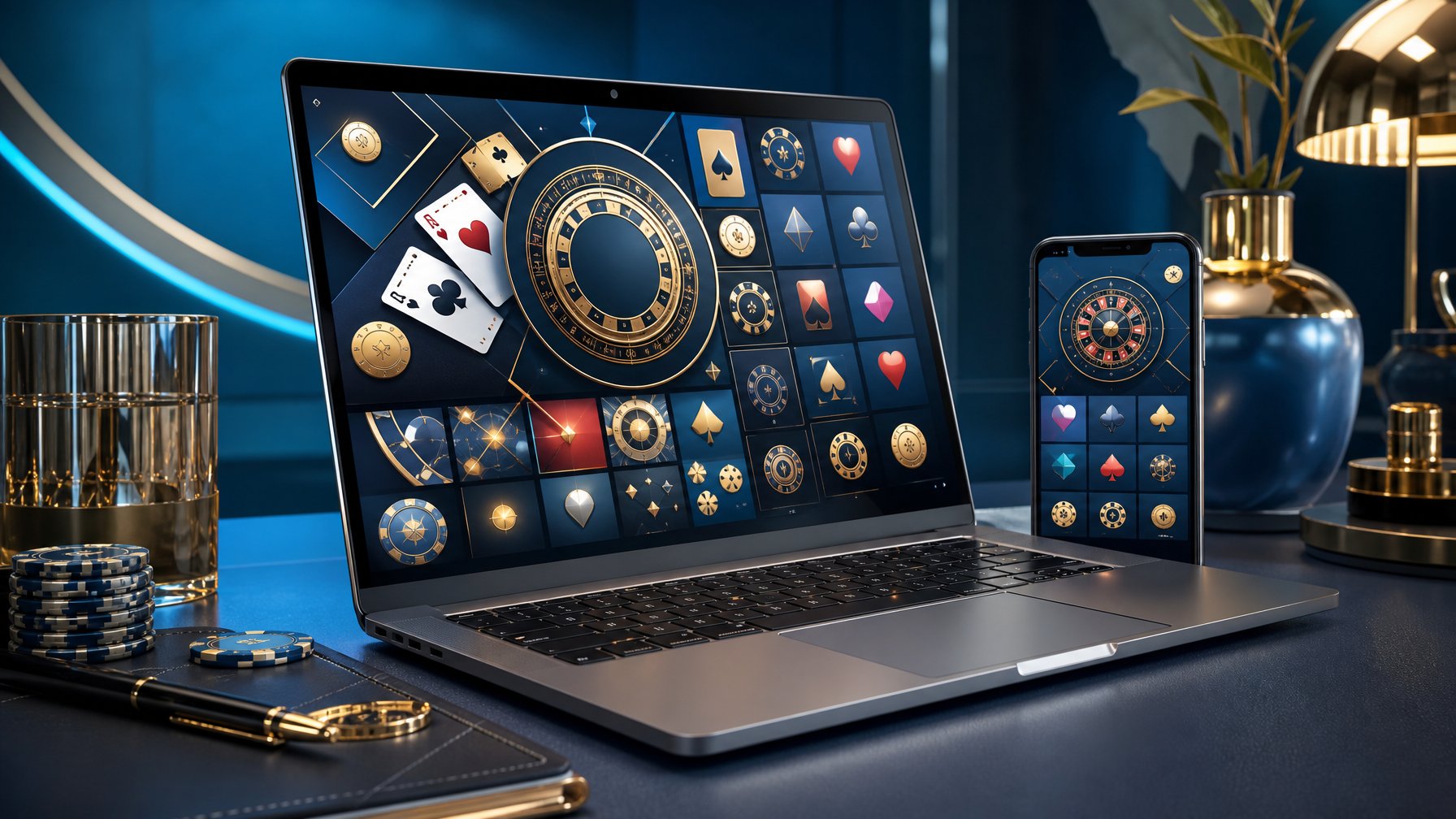 Laptop dan ponsel menampilkan antarmuka permainan kasino 2D abstrak di atas meja modern.