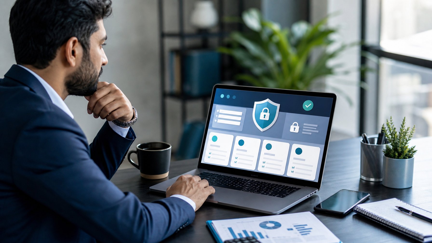 Seorang profesional memeriksa keamanan platform digital menggunakan laptop dengan simbol perisai dan gembok.