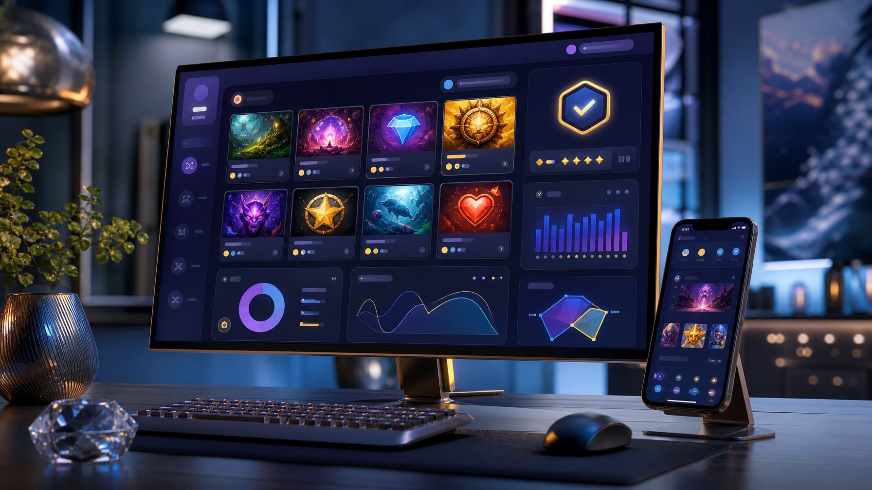 Monitor dan ponsel menampilkan antarmuka platform rekomendasi permainan 2D online dengan grafik dan kartu permainan berwarna-warni.