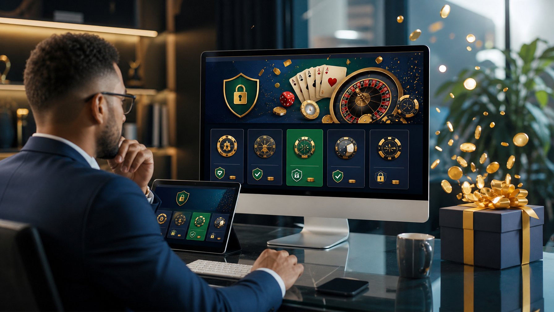 Seseorang membandingkan platform kasino 2D pada komputer dengan simbol keamanan dan hadiah selamat datang.