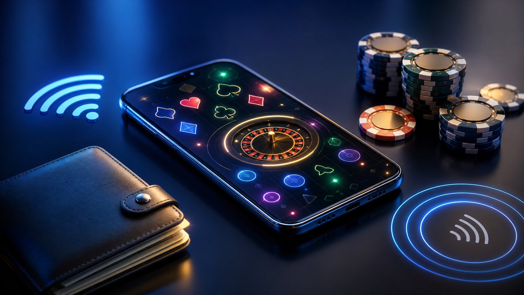 Ponsel pintar menampilkan antarmuka permainan kasino abstrak dengan token dan efek pembayaran digital di sekitarnya.