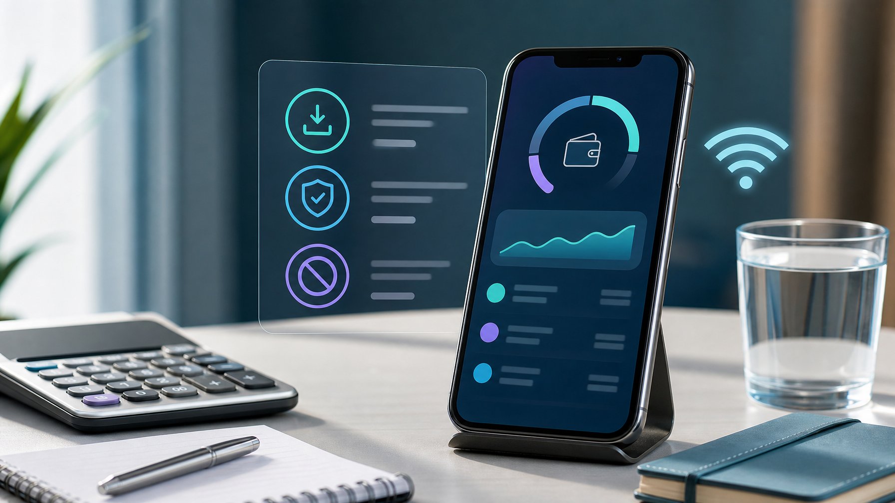 Ponsel dengan tampilan pembayaran digital, kalkulator, dan catatan keuangan di atas meja kerja.