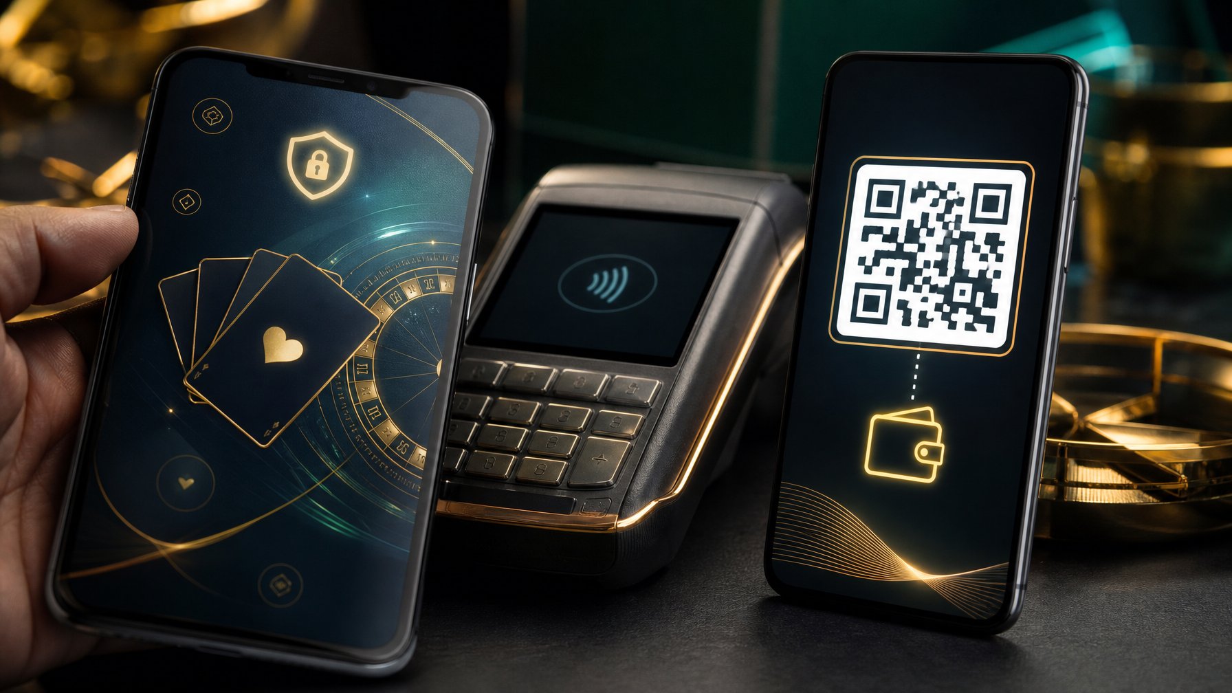 Ponsel dan terminal pembayaran digital dengan pola QR abstrak serta elemen kasino bergaya modern.