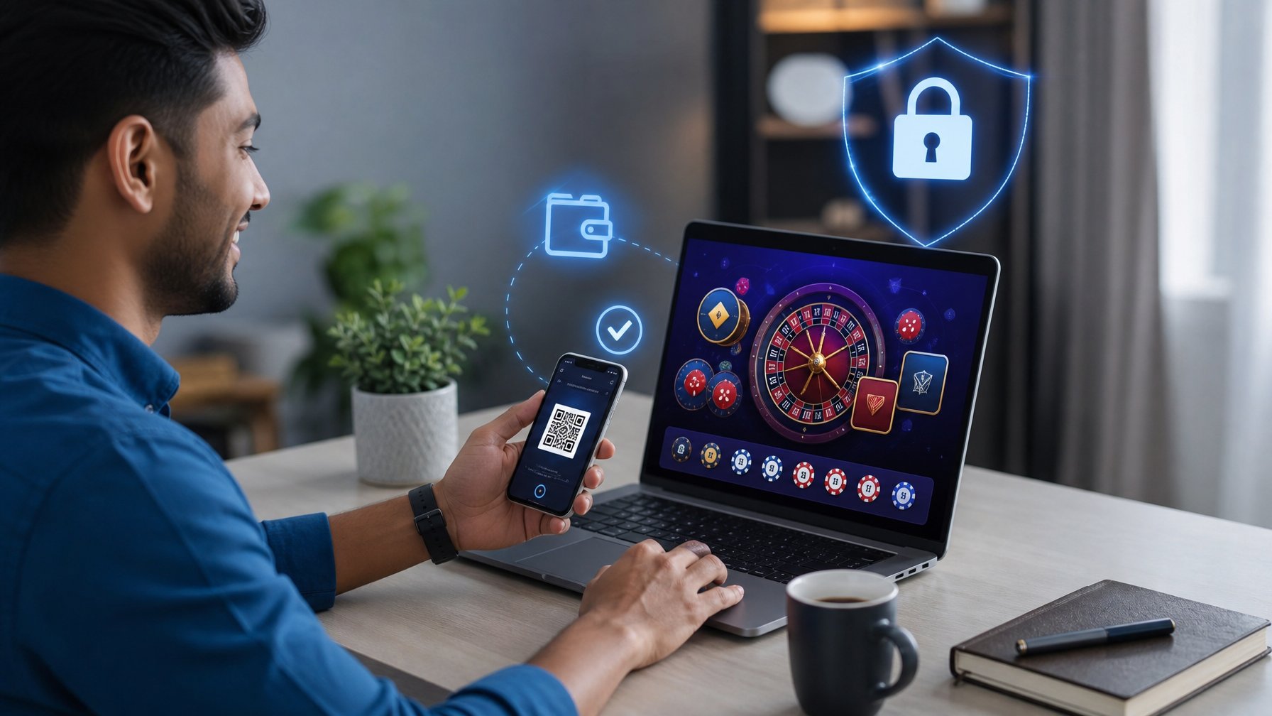 Orang dewasa menggunakan ponsel untuk mengakses platform casino digital dengan pembayaran QR dan perlindungan keamanan.