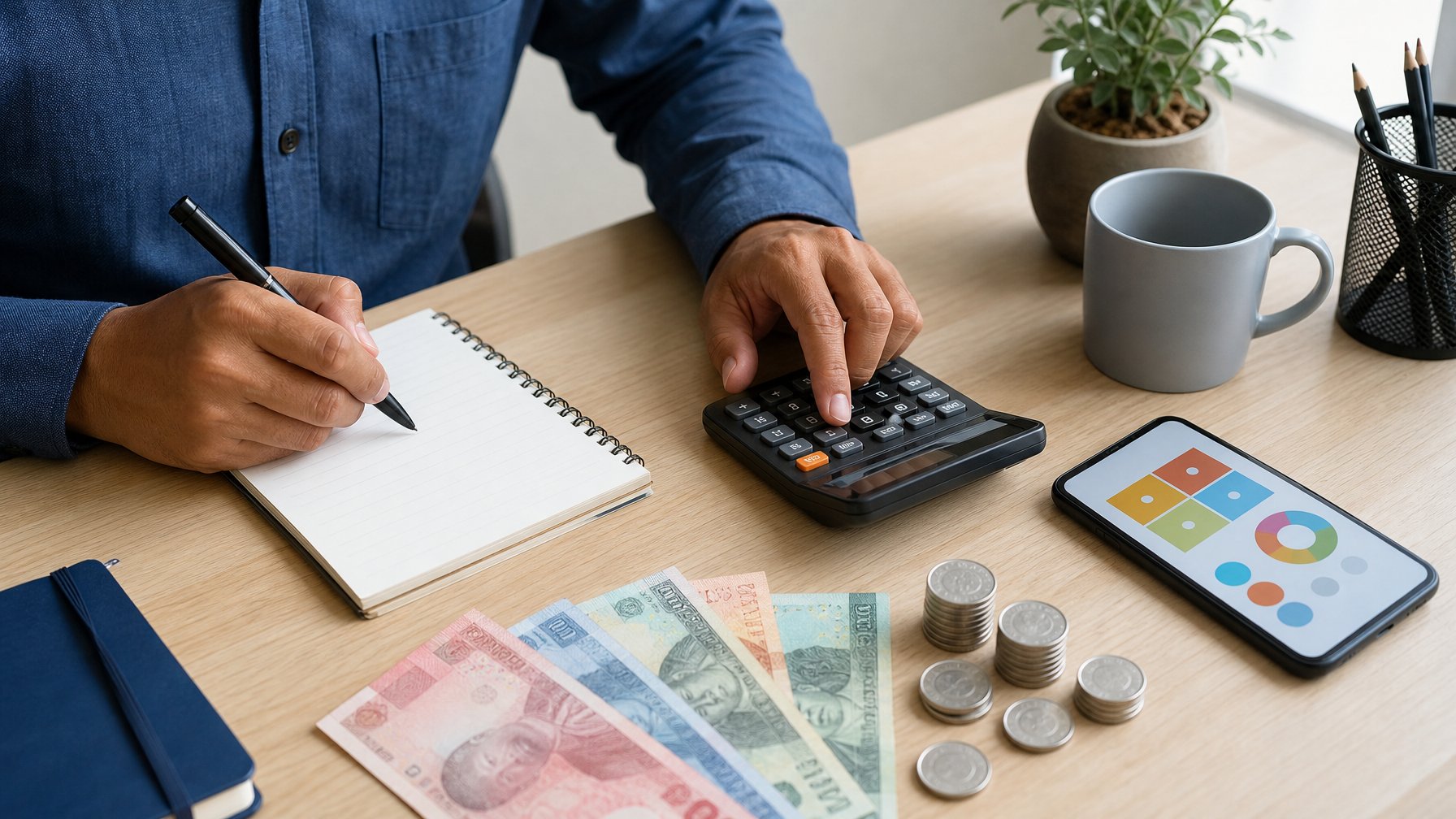 Tangan seseorang mengatur anggaran kecil dengan kalkulator, uang rupiah, dan ponsel di atas meja.