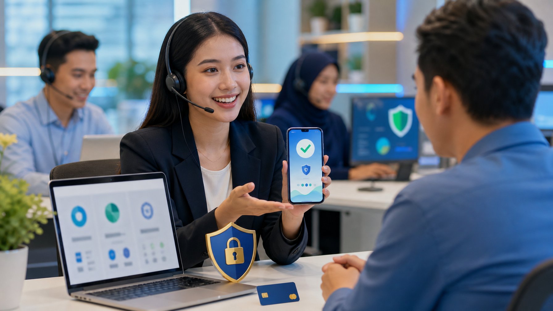 Petugas layanan pelanggan membantu pengguna dengan pembayaran digital melalui laptop dan ponsel.