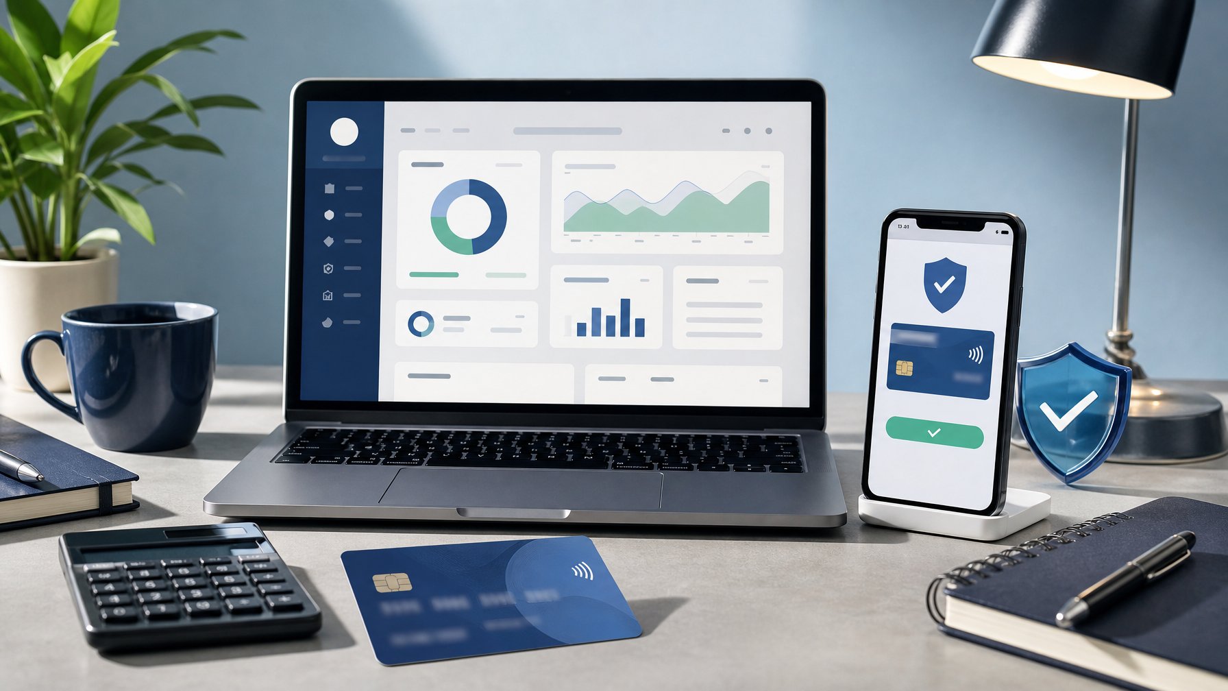Laptop dan ponsel menampilkan antarmuka pembayaran aman di meja kerja modern dengan simbol perisai dan kartu bank.