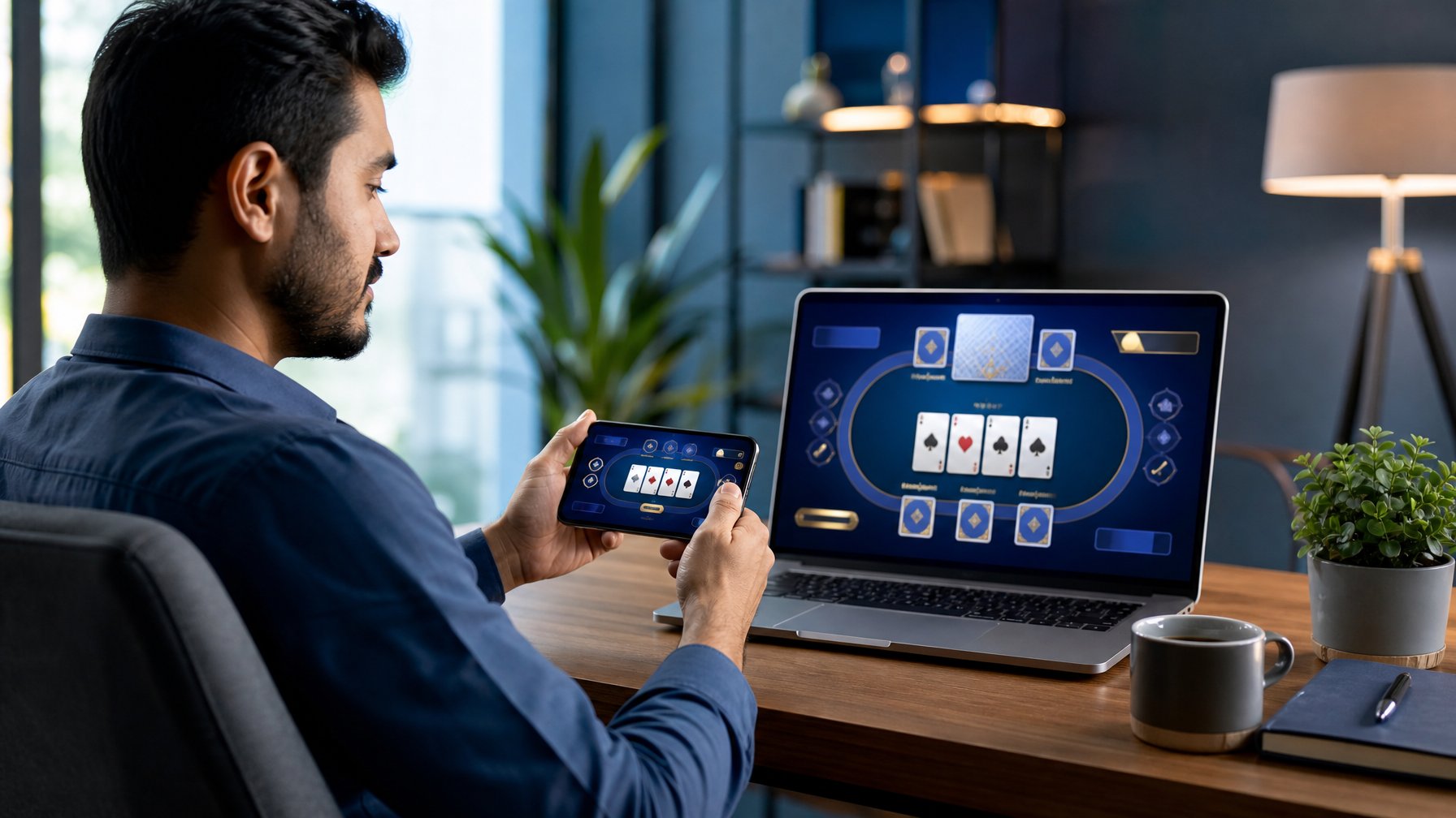 Orang dewasa menggunakan laptop dan ponsel dengan tampilan permainan kartu digital abstrak di ruang kerja modern.