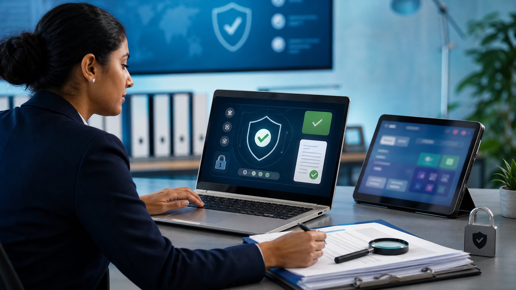 Analis kepatuhan memeriksa laptop dengan simbol keamanan dan verifikasi di ruang kerja modern.