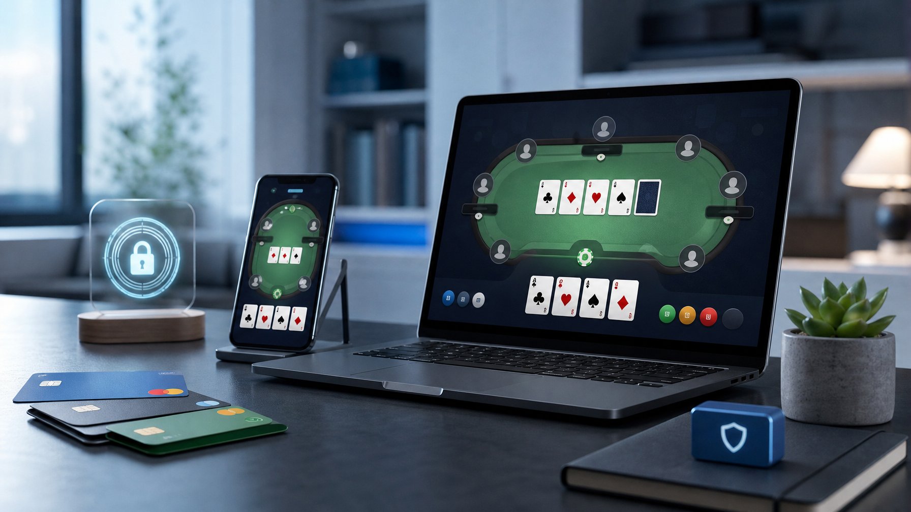 Perangkat digital menampilkan permainan kartu dan elemen pembayaran di ruang kerja modern.
