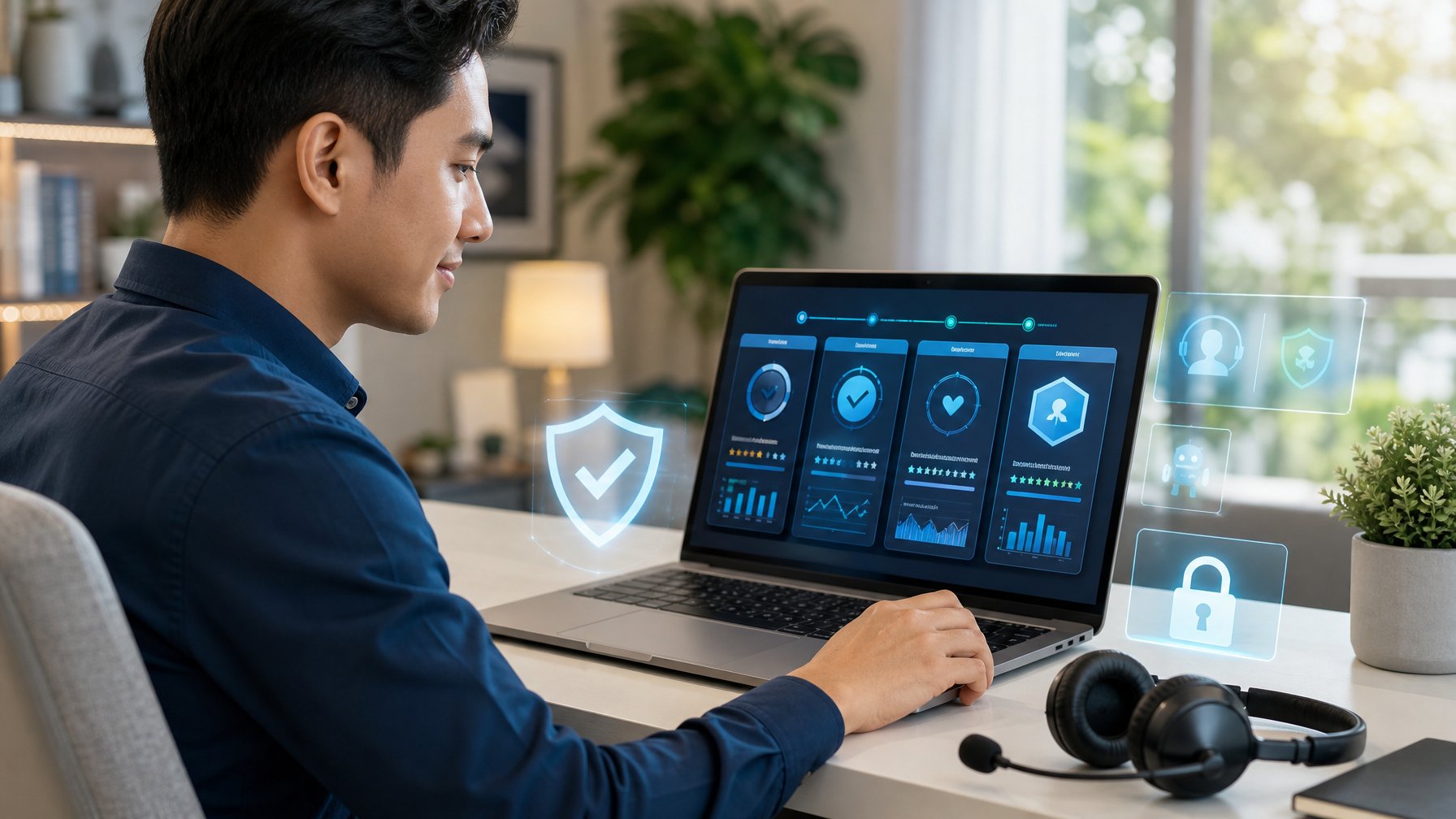 Seseorang meninjau beberapa pilihan platform digital dengan simbol keamanan di laptop dalam ruang kerja modern.