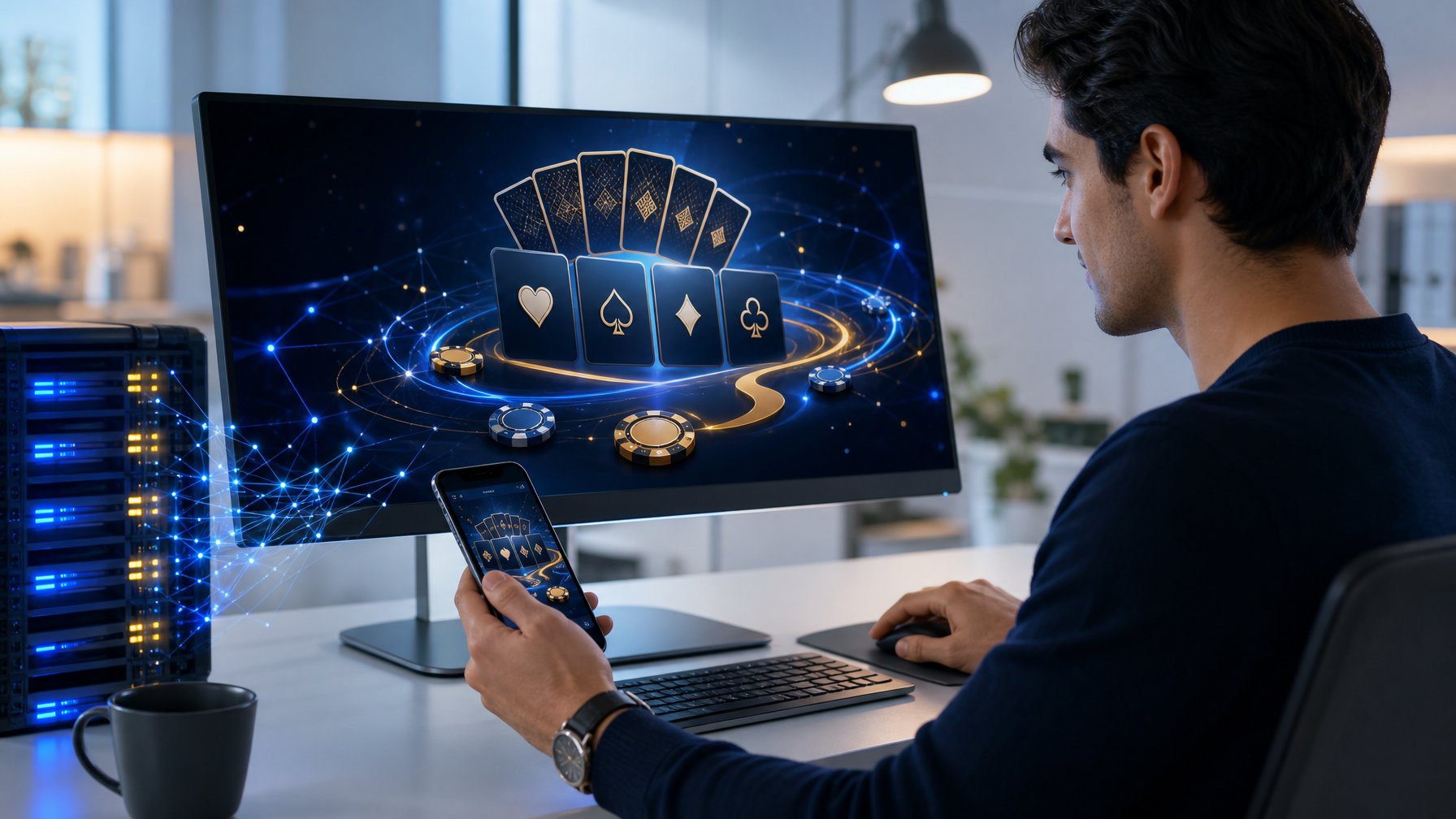 Seseorang menggunakan komputer dan ponsel dengan tampilan permainan kartu digital di ruang kerja modern.