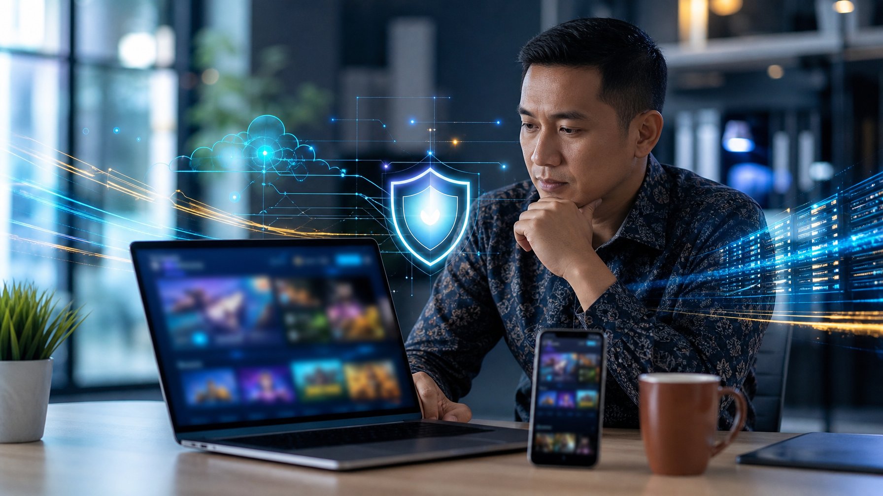 Seorang profesional meninjau platform permainan digital aman melalui laptop dan ponsel di ruang kerja modern.